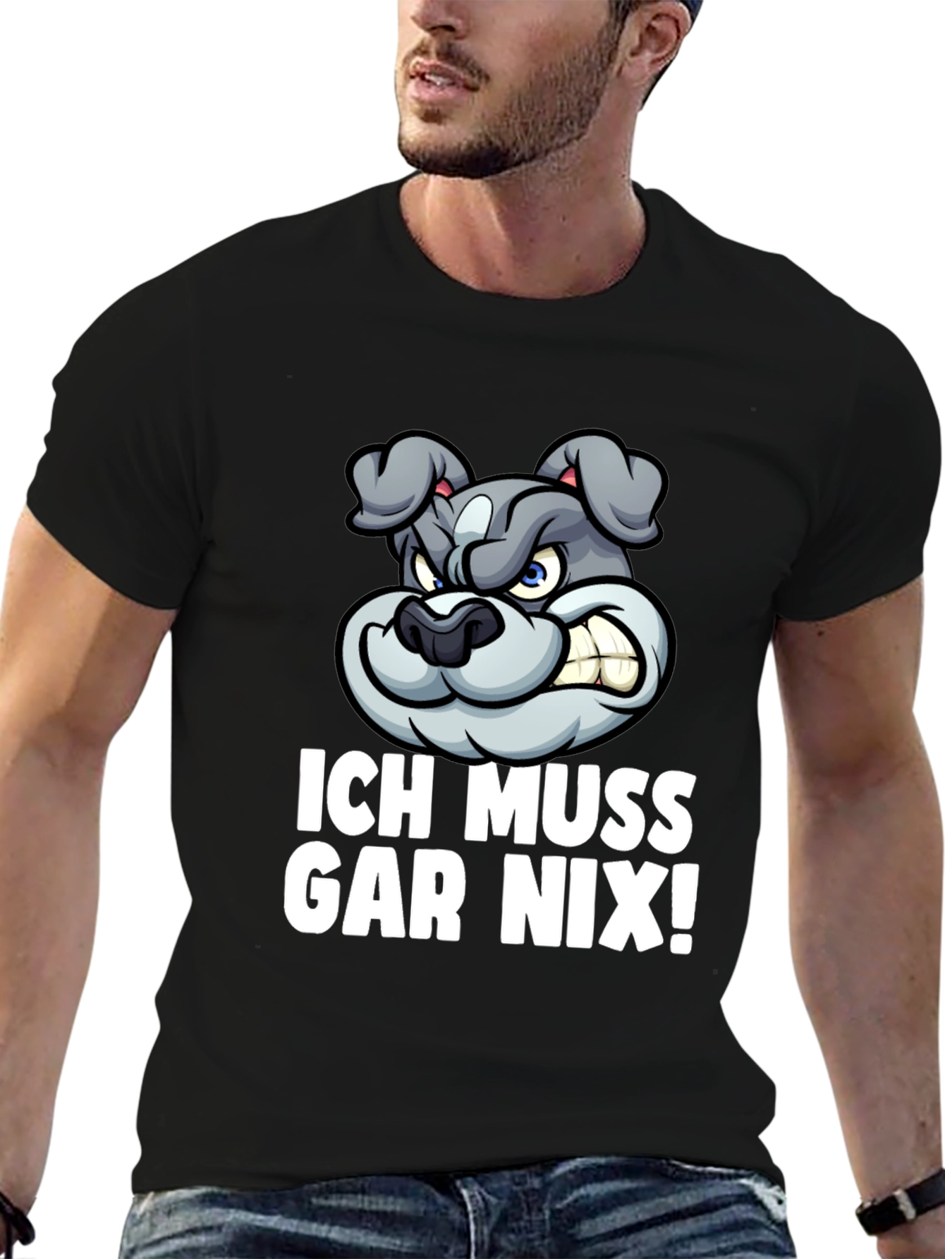 Black Funny Bulldog Graphic Tee - "Ich Muss Gar Nix!" T-Shirt view 6