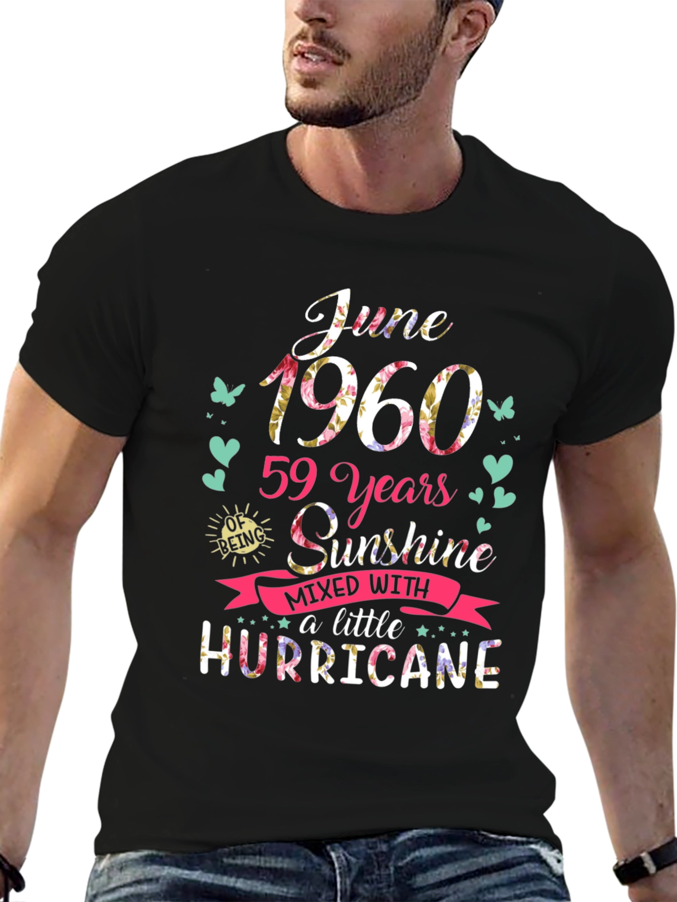 Black June 1960 Birthday T-Shirt - Sunshine & Hurricane view 6