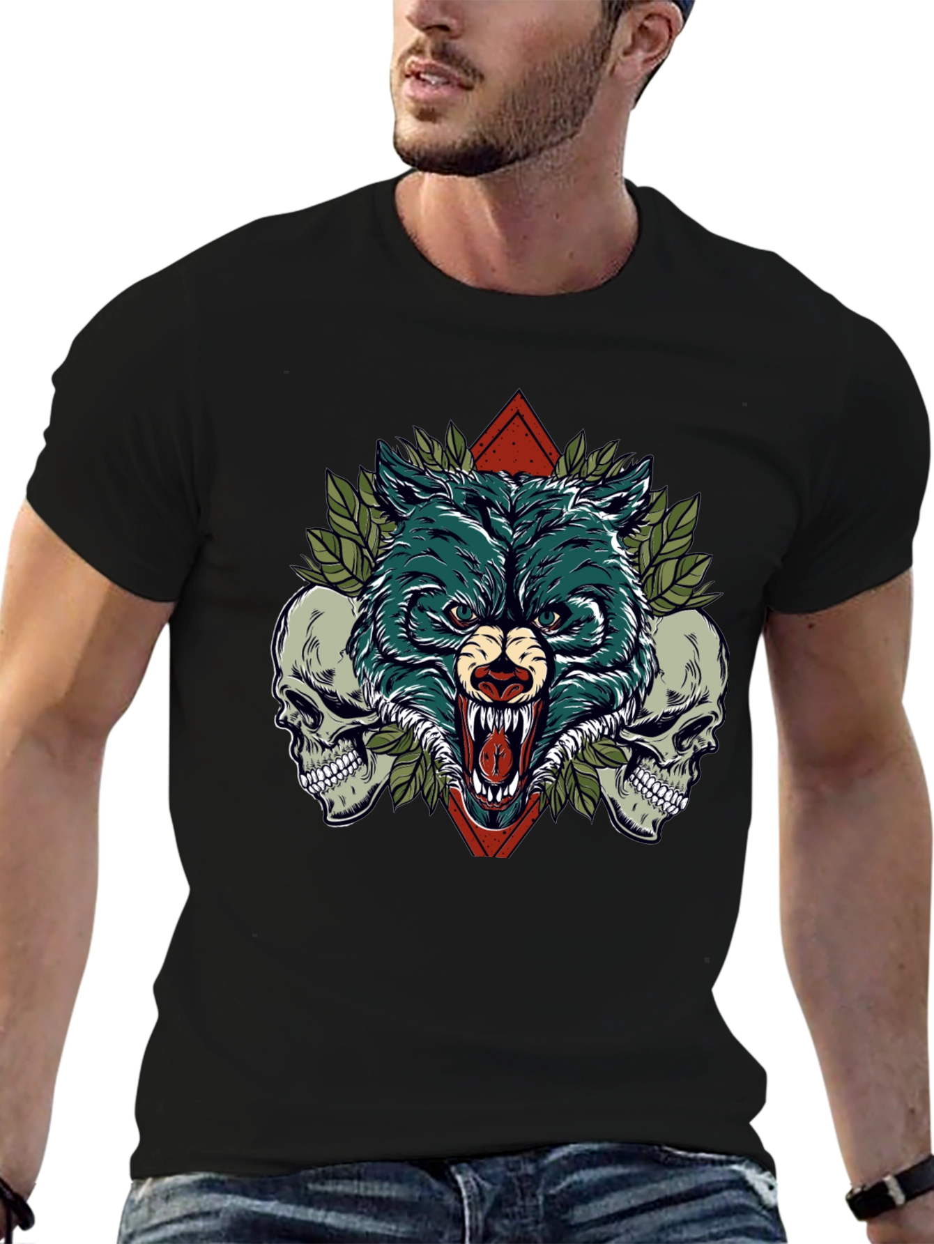 Black Wolf and Skulls Graphic Tee view 6
