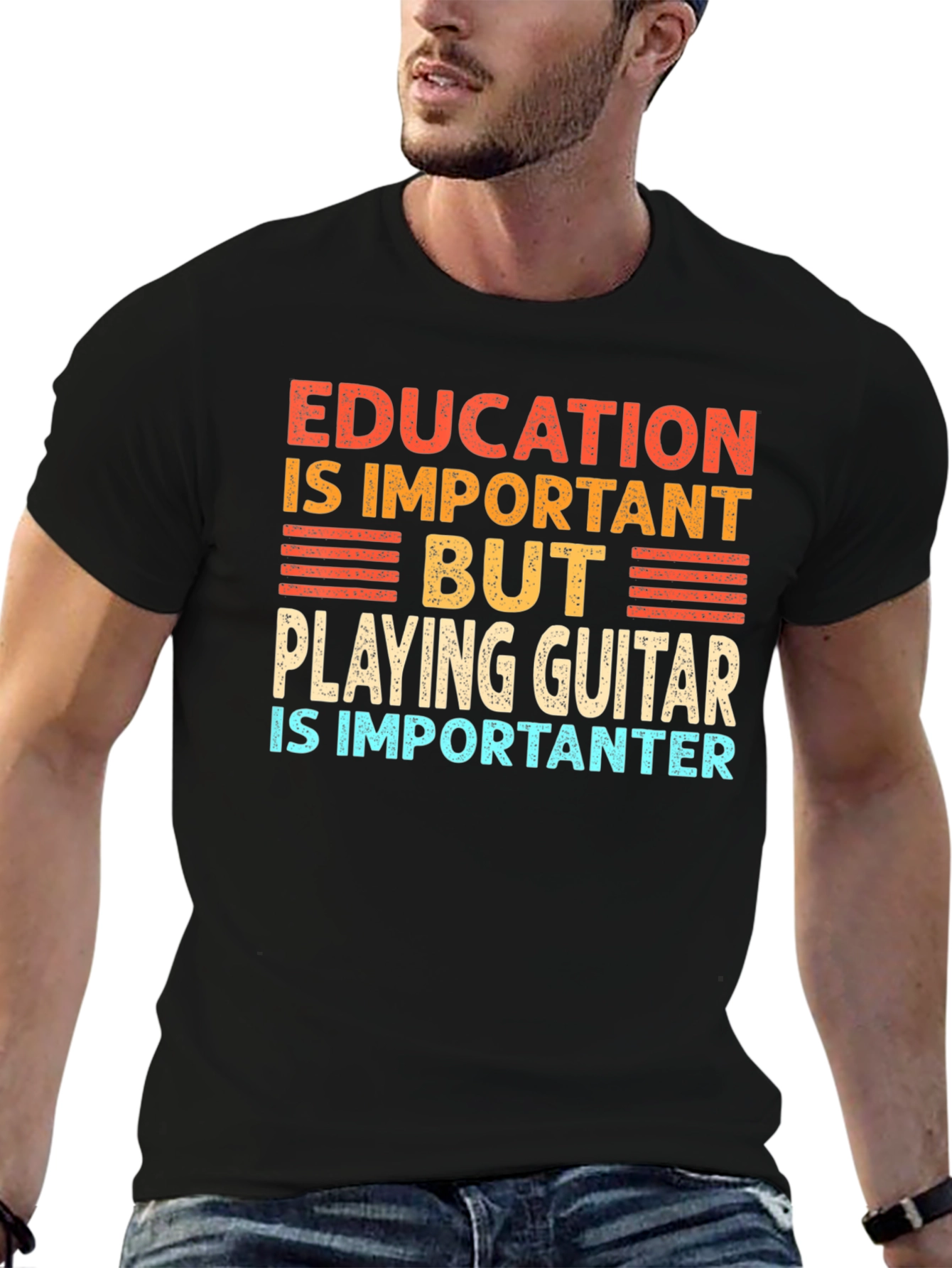 Black Funny Guitar Player T-Shirt Education is Important view 6