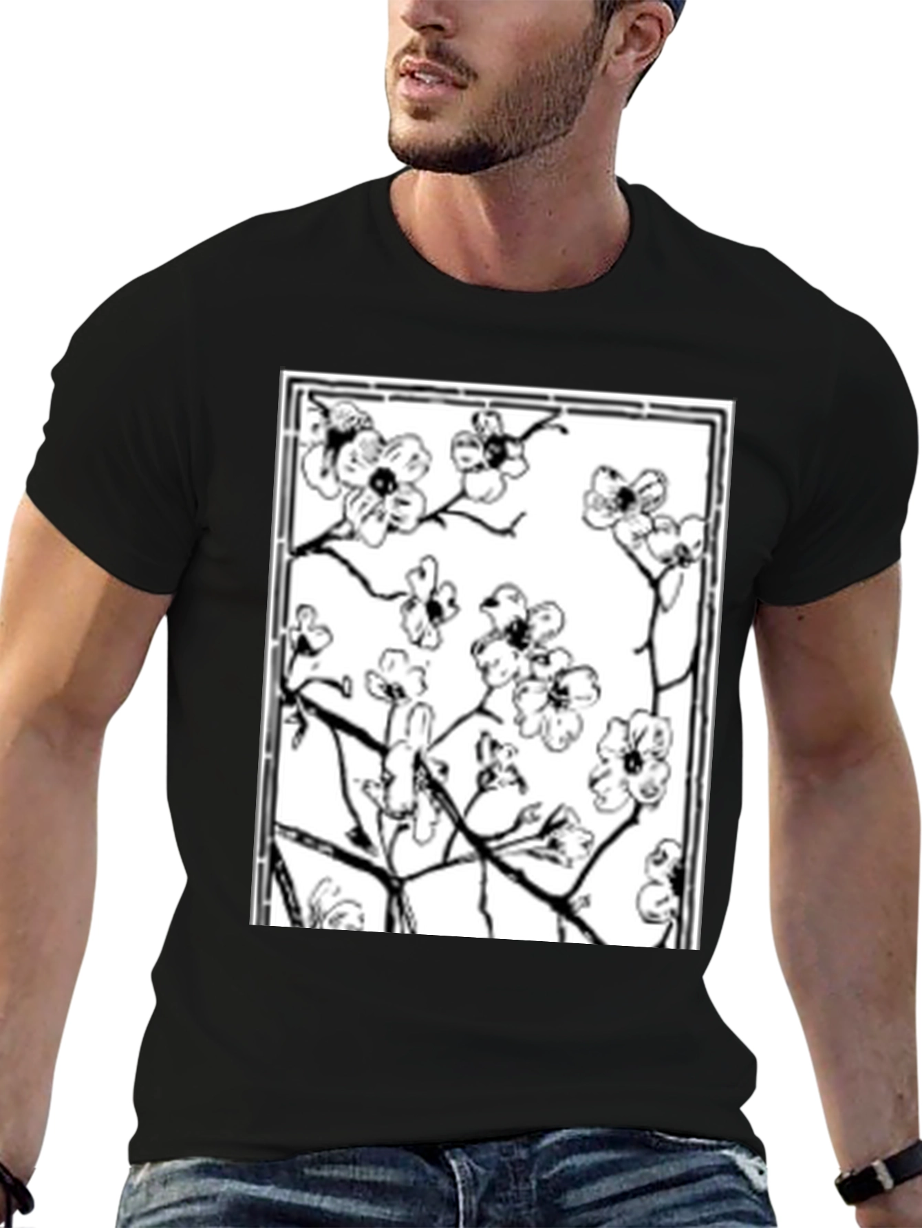 Black Floral Graphic Tee - Black Cotton Shirt view 6