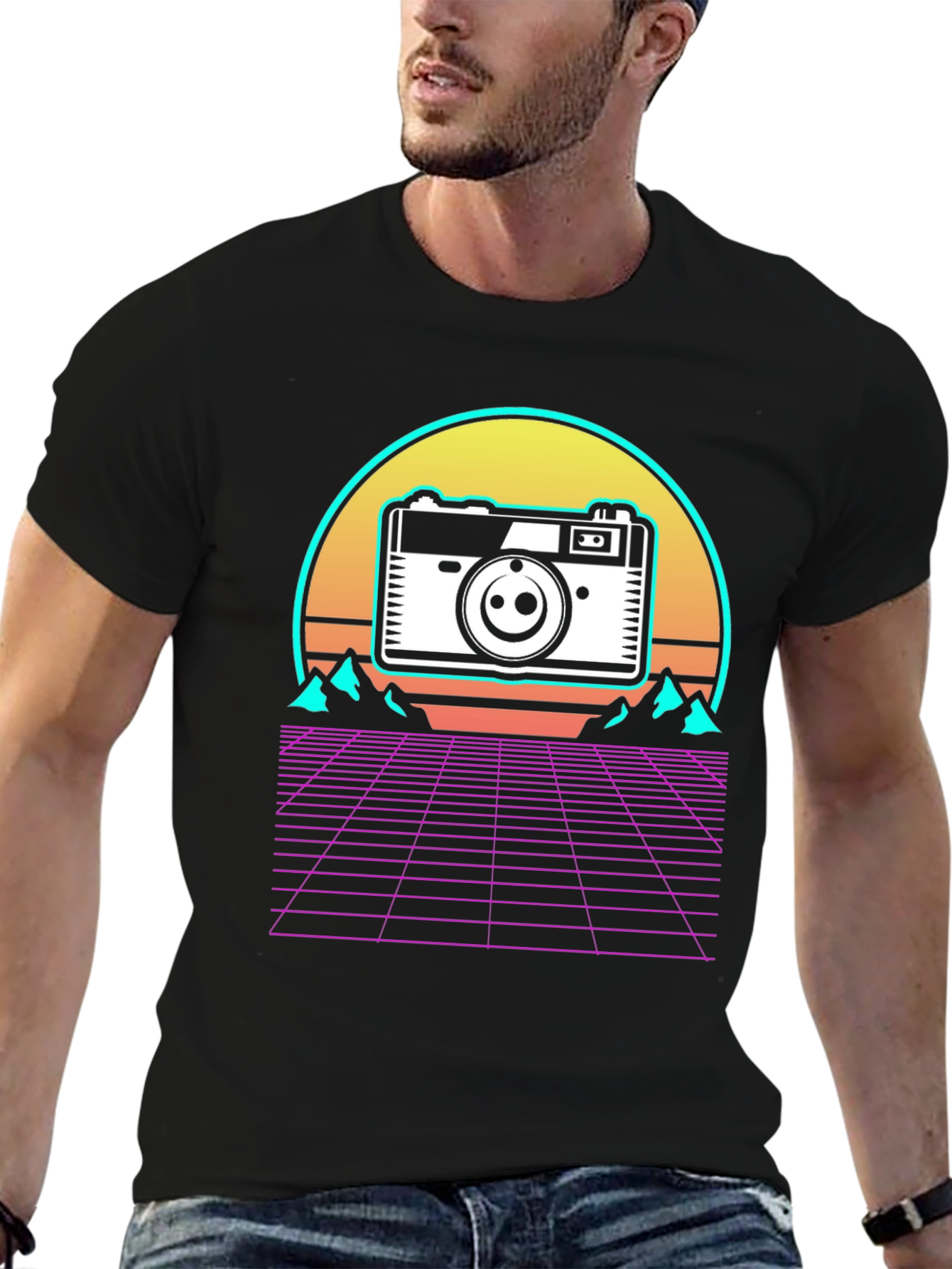 Black Retro Camera Grid T-Shirt view 6