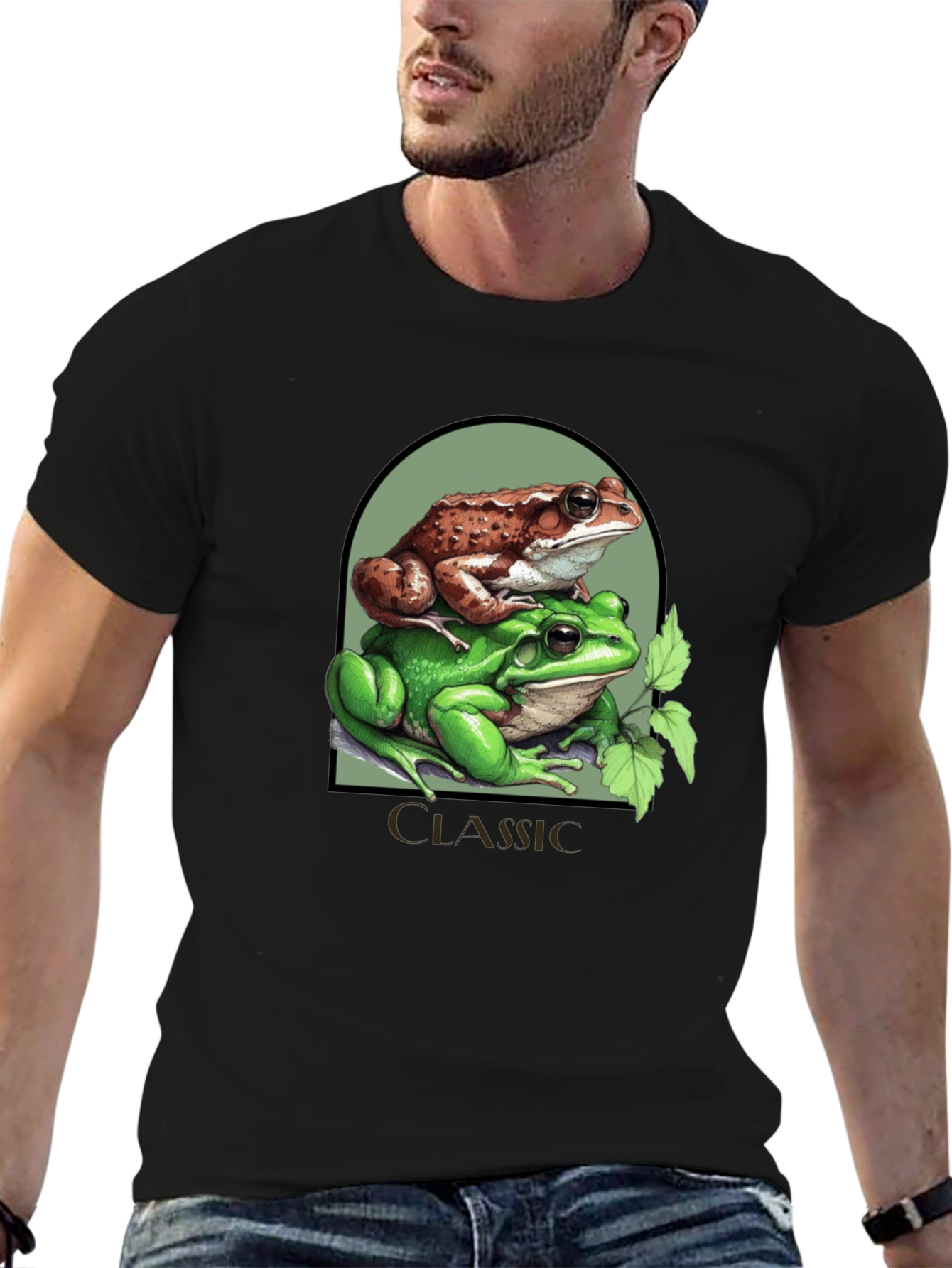 Black Classic Frog Stack T-Shirt - Novelty Graphic Tee view 6