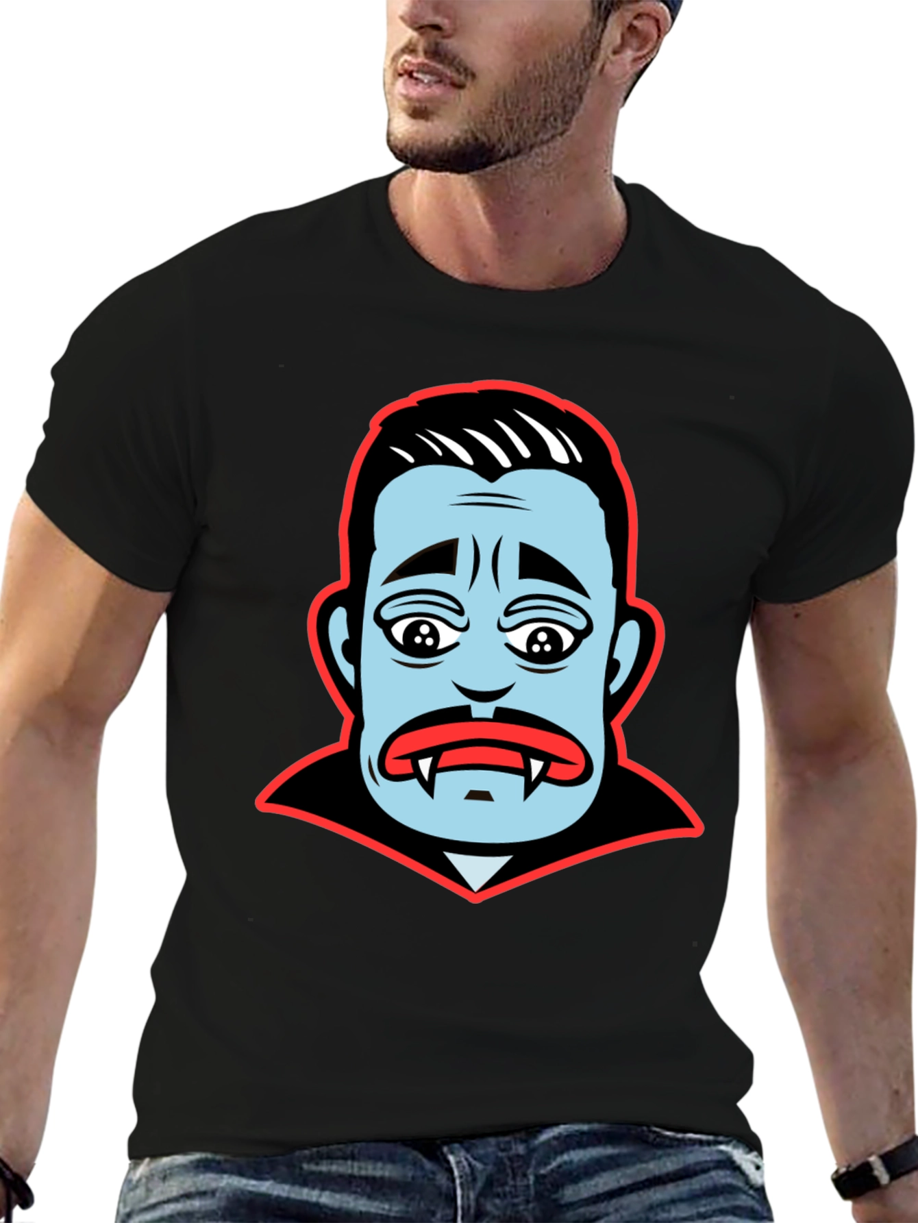 Black Cartoon Vampire Face Graphic T-Shirt view 6
