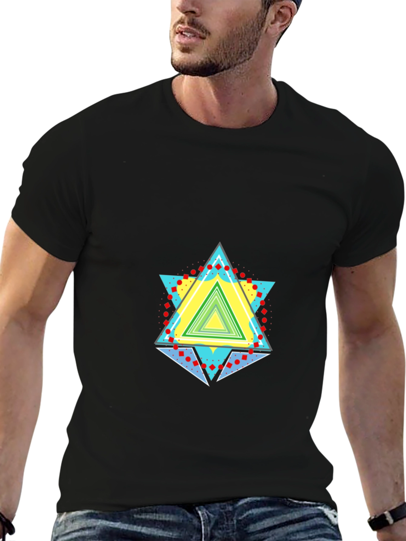 Black Geometric Triangle Graphic Black T-Shirt view 6