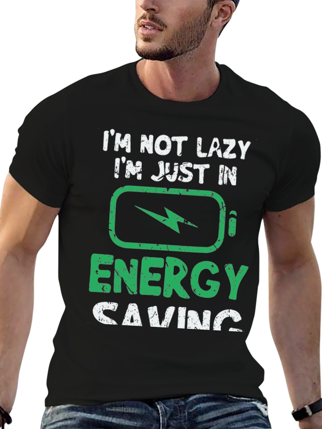 Black Funny "Energy Saving" Graphic T-Shirt view 6