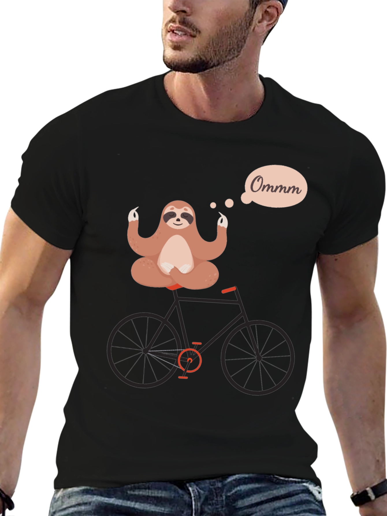 Black Yoga Sloth on Bike Graphic Tee - Relaxed & Funny view 6