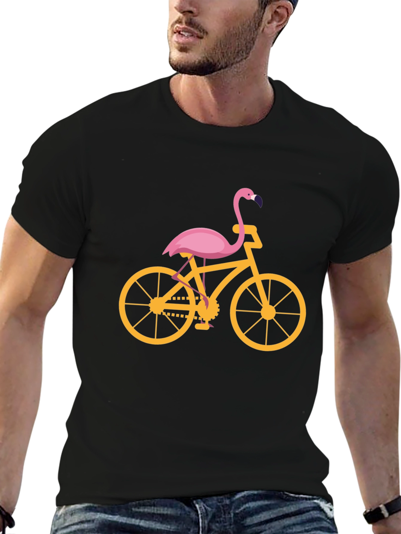 Black Flamingo Bicycle Graphic Tee - Black Cotton T-Shirt view 6