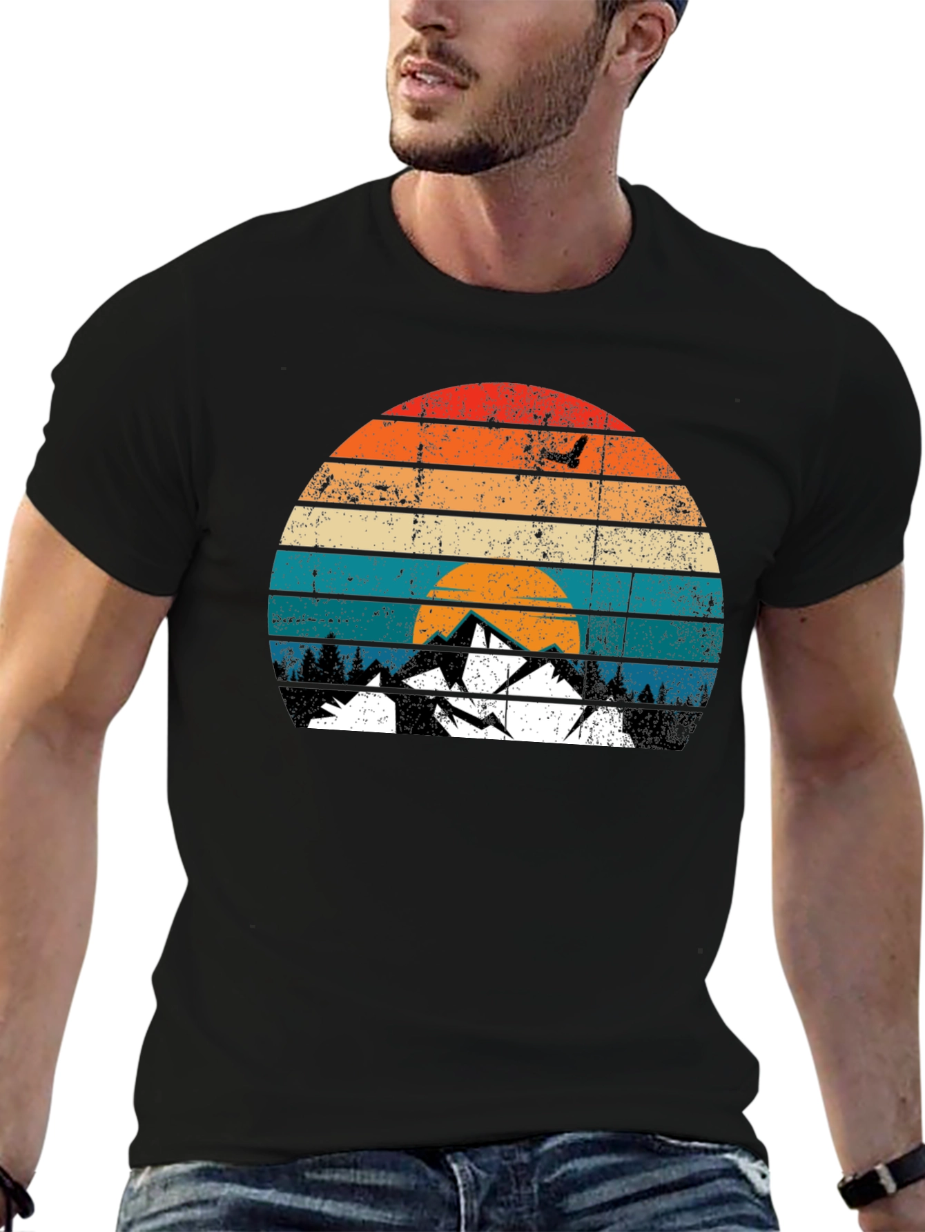 Black Retro Mountain Sunset Graphic T-Shirt view 6