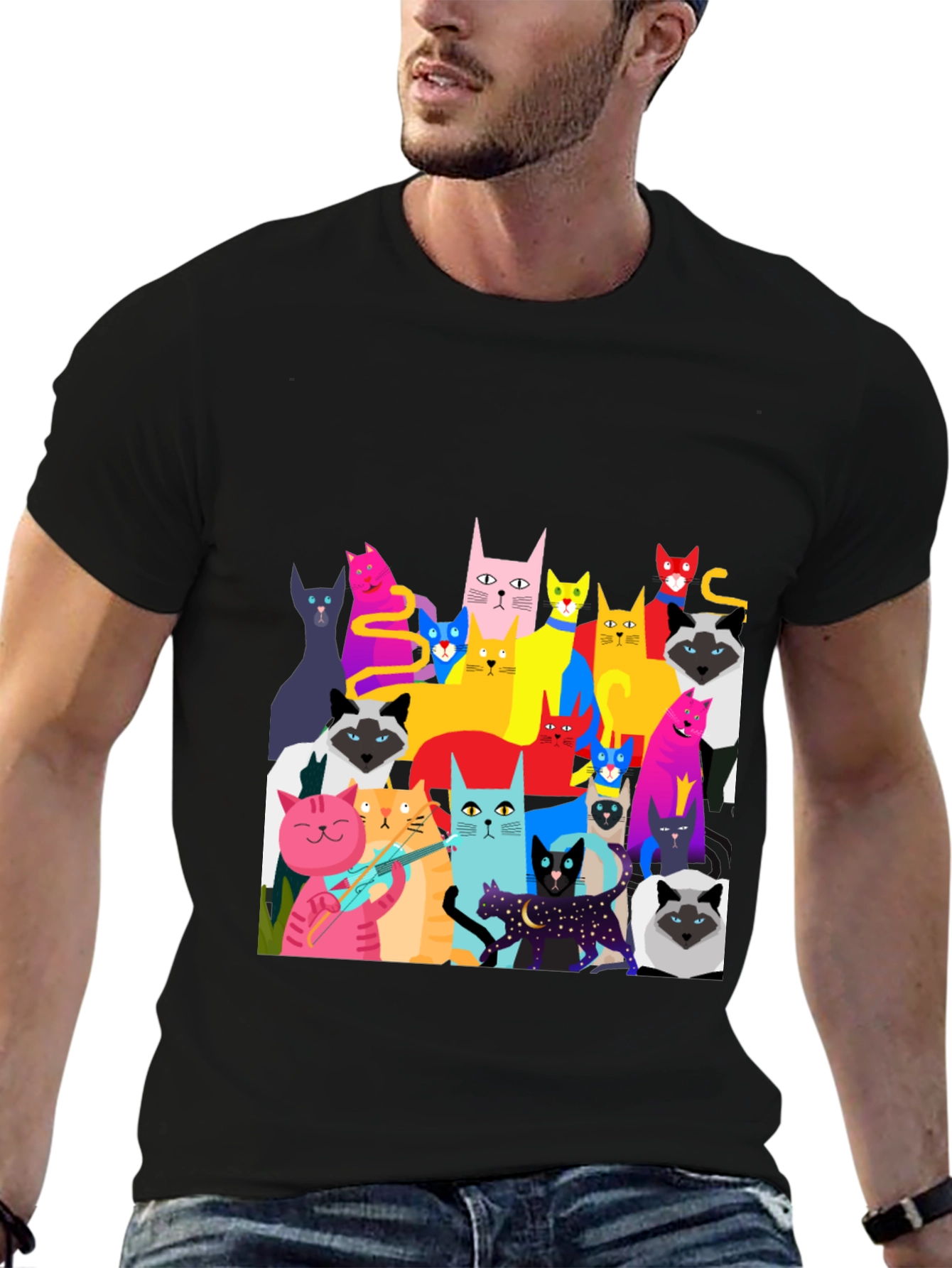 Black Colorful Cat Graphic Tee - Unique Fun Design view 6