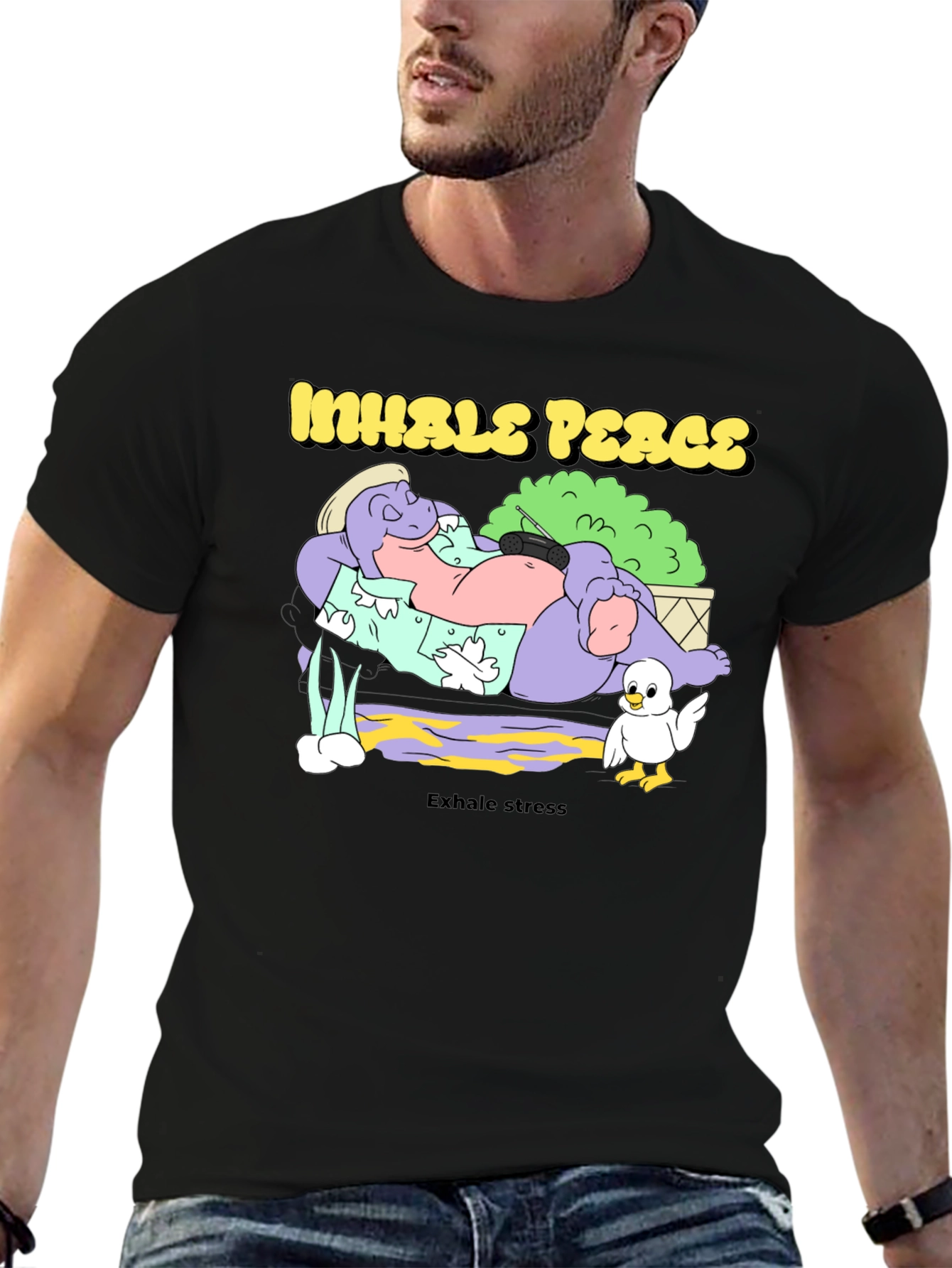 Black Inhale Peace Exhale Stress Black Graphic T-Shirt view 6