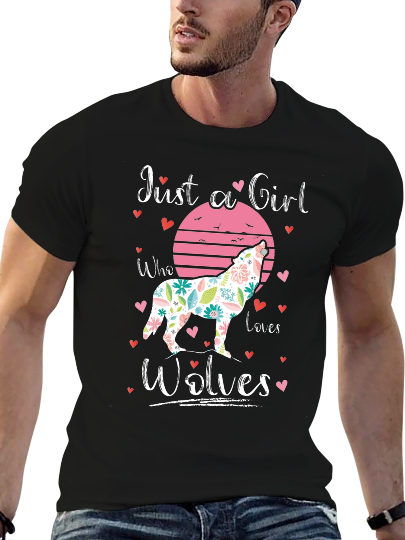 Black Just a Girl Who Loves Wolves T-Shirt view 6