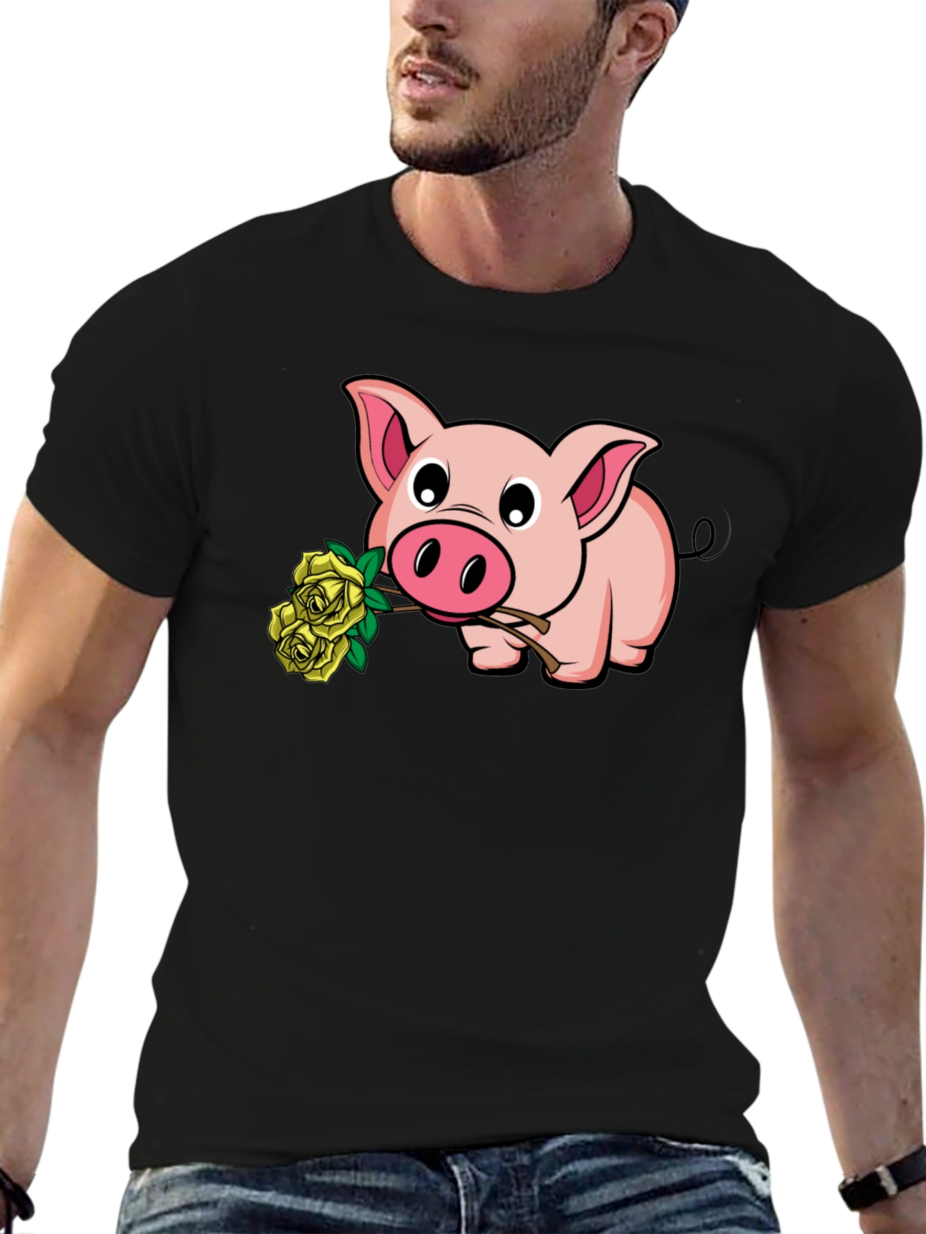 Black Pig Holding Yellow Roses Graphic T-Shirt view 6