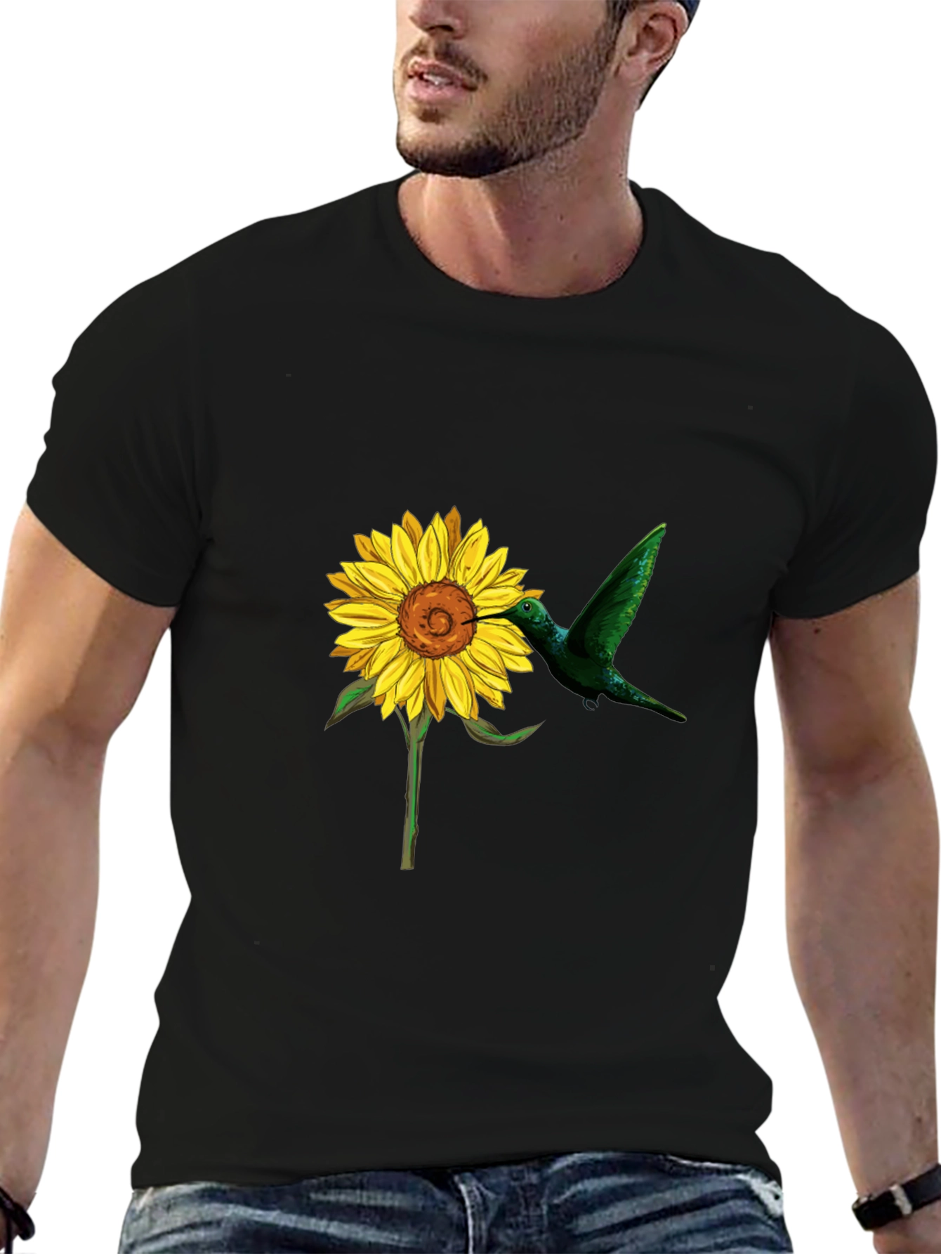 Black Hummingbird & Sunflower Graphic Black T-Shirt view 6