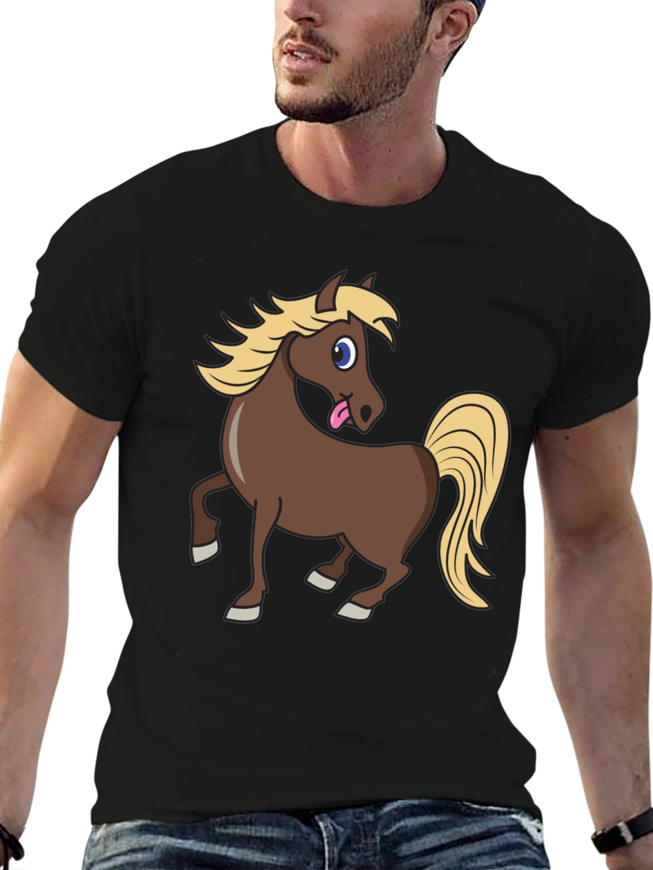 Black Funny Horse Tongue Out Black T-Shirt view 6