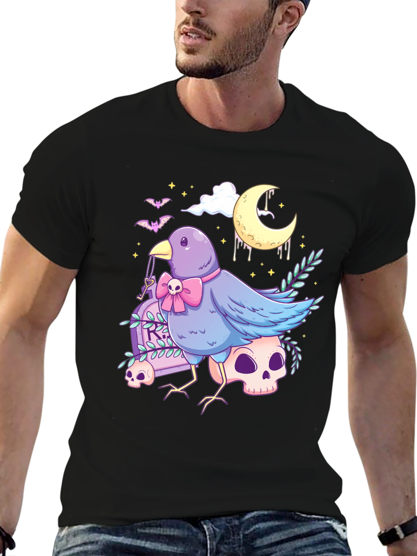 Black Gothic Bird Graphic Tee - Skull & Moon Design view 6