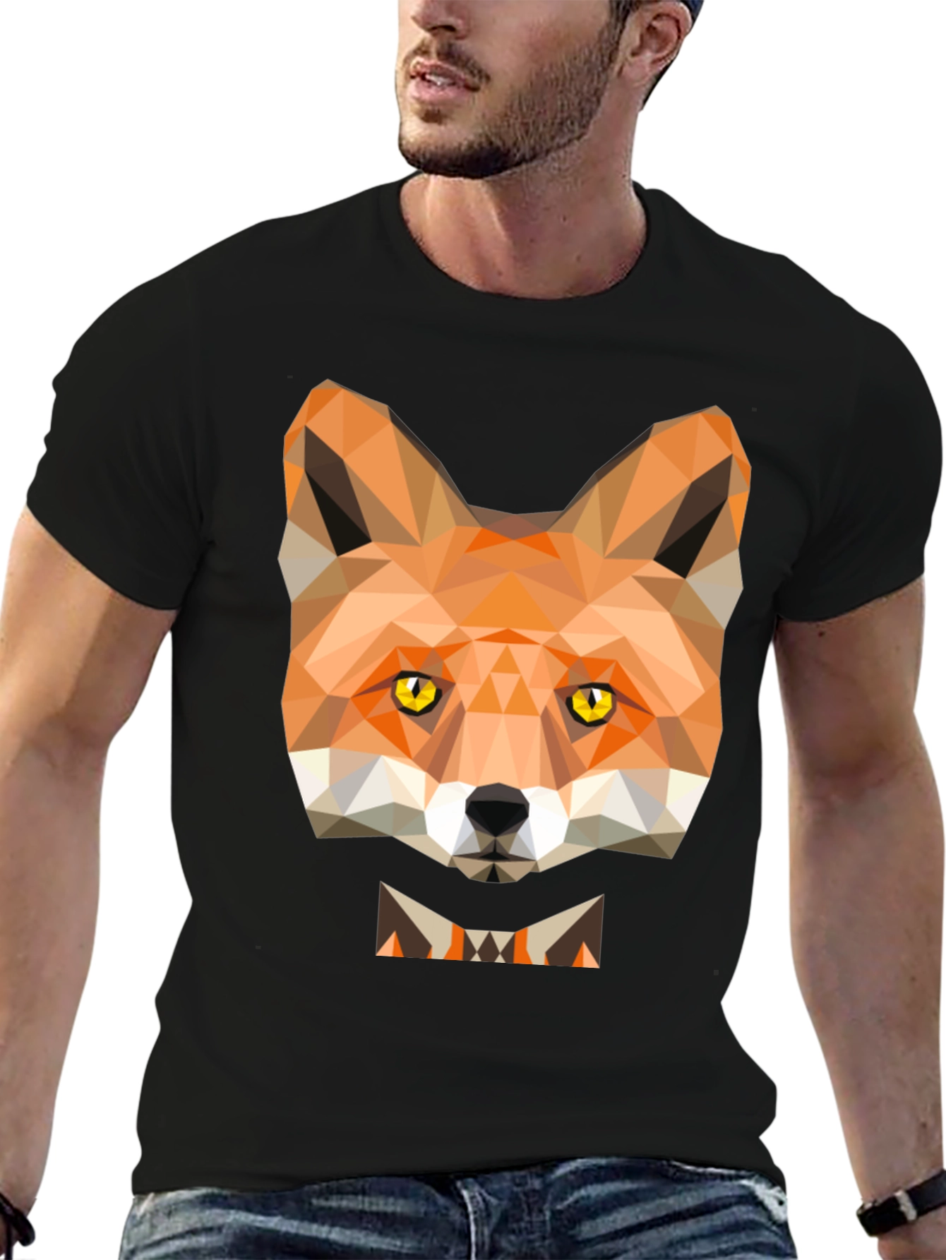 Black Geometric Fox Graphic Tee - Modern Animal Print T-Shirt view 6