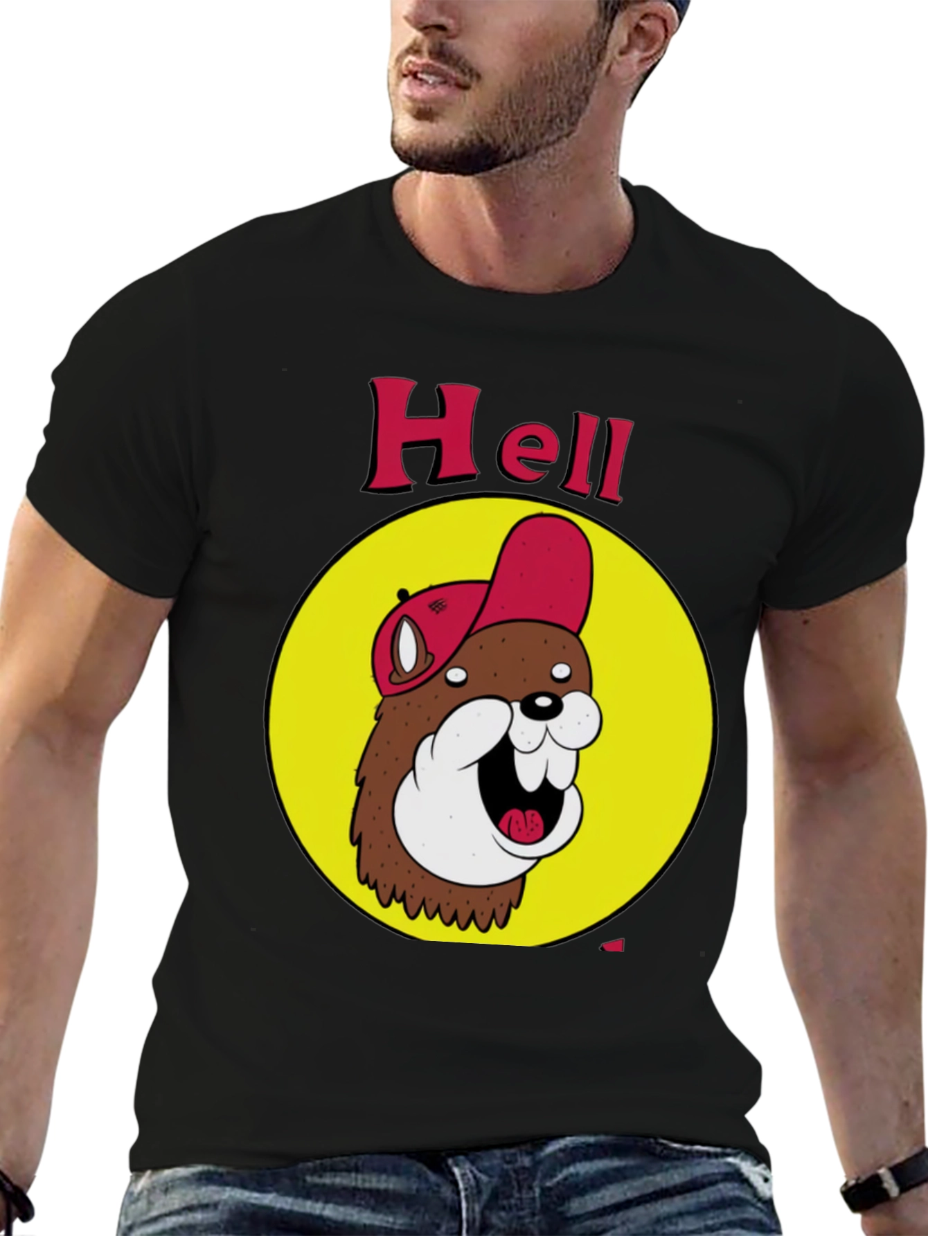 Black Funny Hell Beaver Cartoon Black T-Shirt view 6