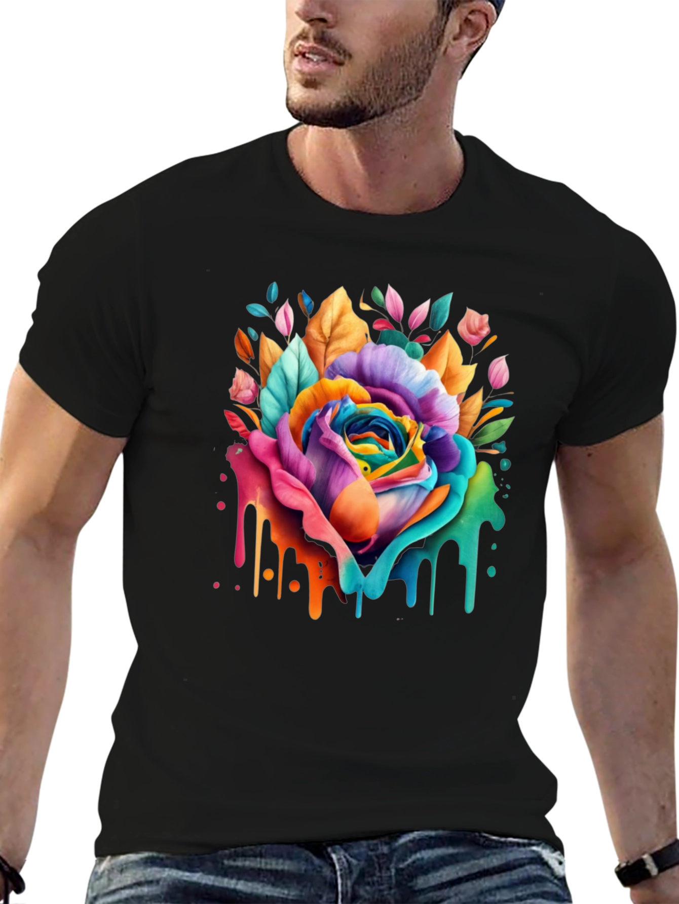 Black Rainbow Rose Drip Graphic Tee - Vivid Colors view 6