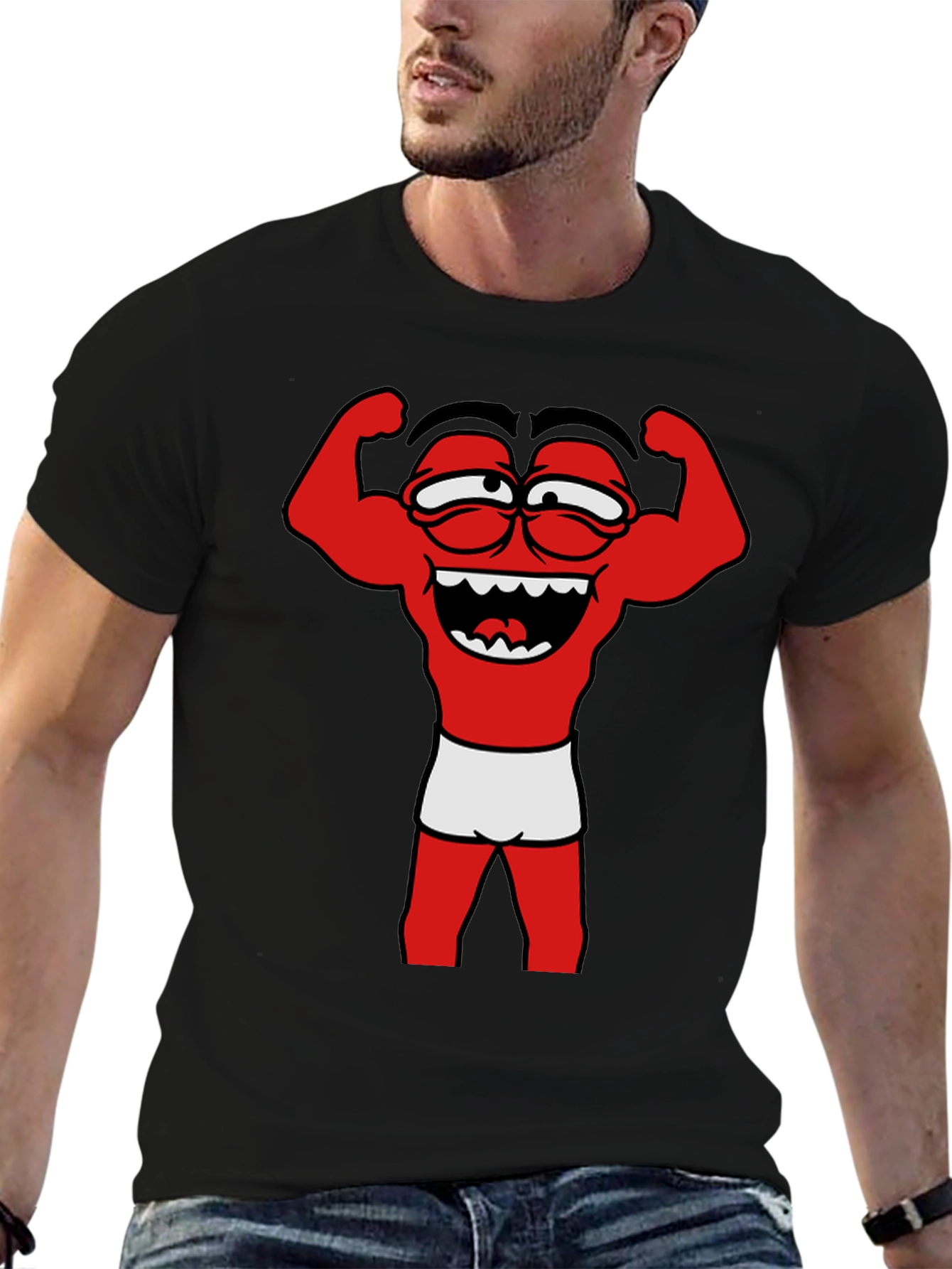 Black Funny Muscle Man Cartoon Graphic Tee - Black view 6