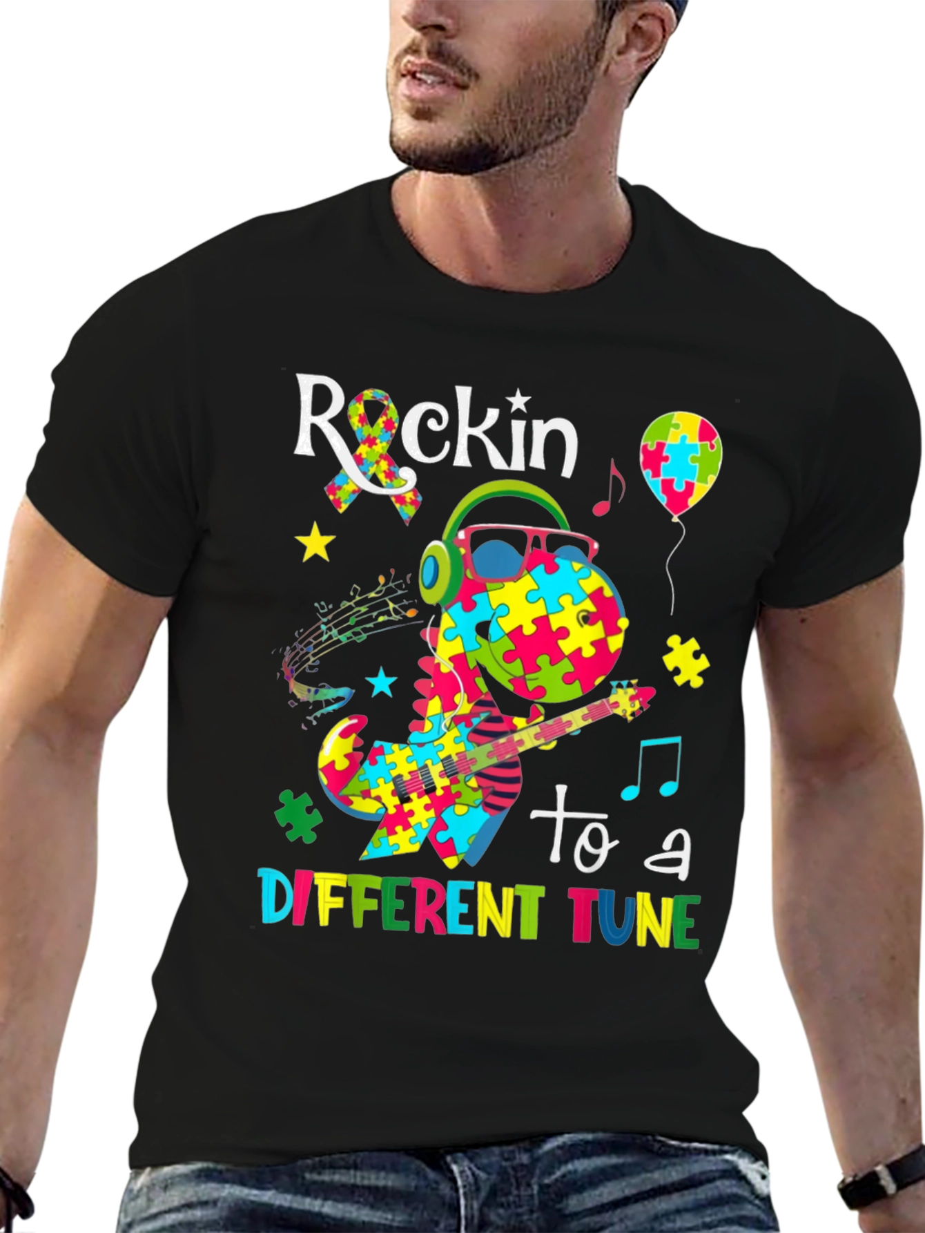 Black Rockin' to a Different Tune Autism Awareness T-Shirt view 6