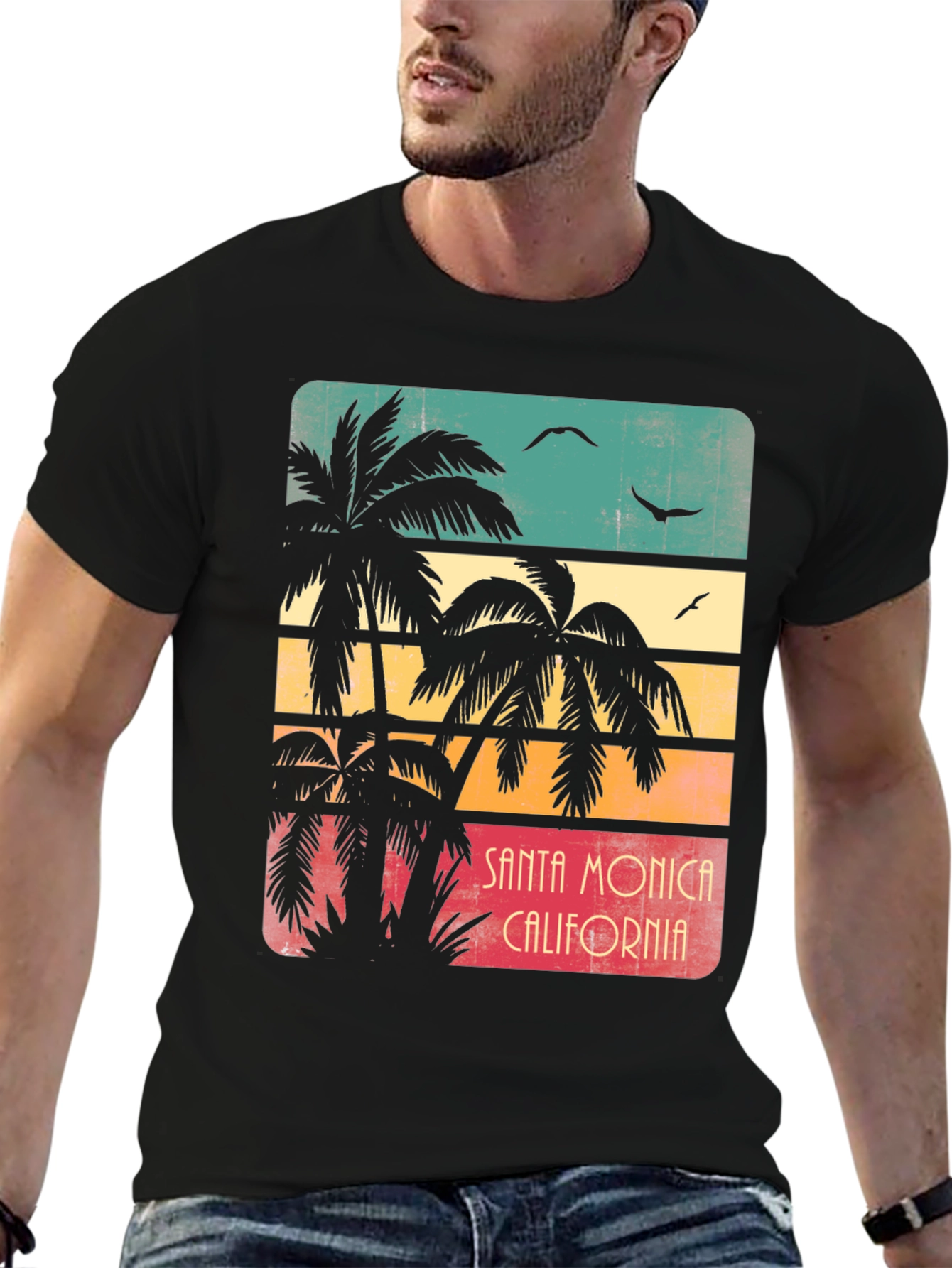 Black Santa Monica Palm Tree Retro Graphic T-Shirt view 6