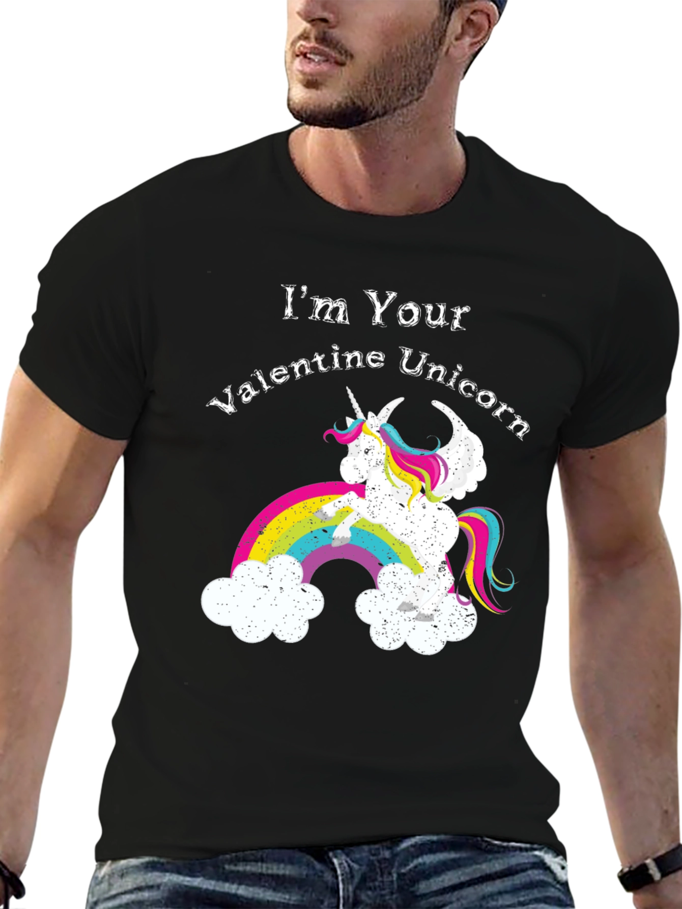 Black Valentine Unicorn Graphic Tee - Men's Black T-Shirt view 6