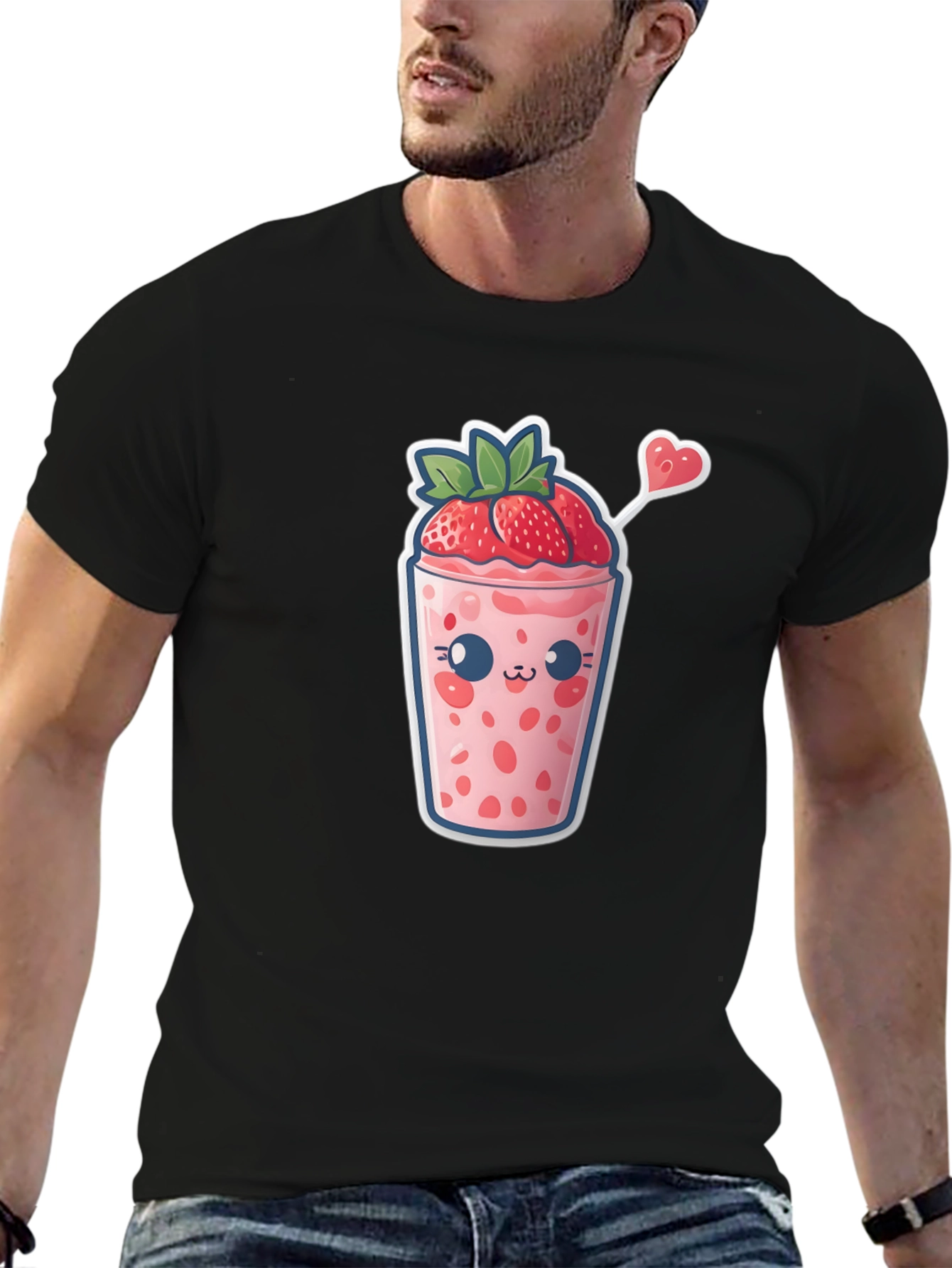 Black Kawaii Strawberry Smoothie T-Shirt view 6