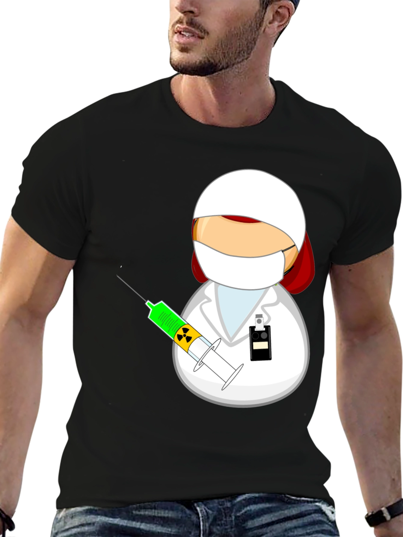 Black Cartoon Doctor with Syringe Black T-Shirt view 6