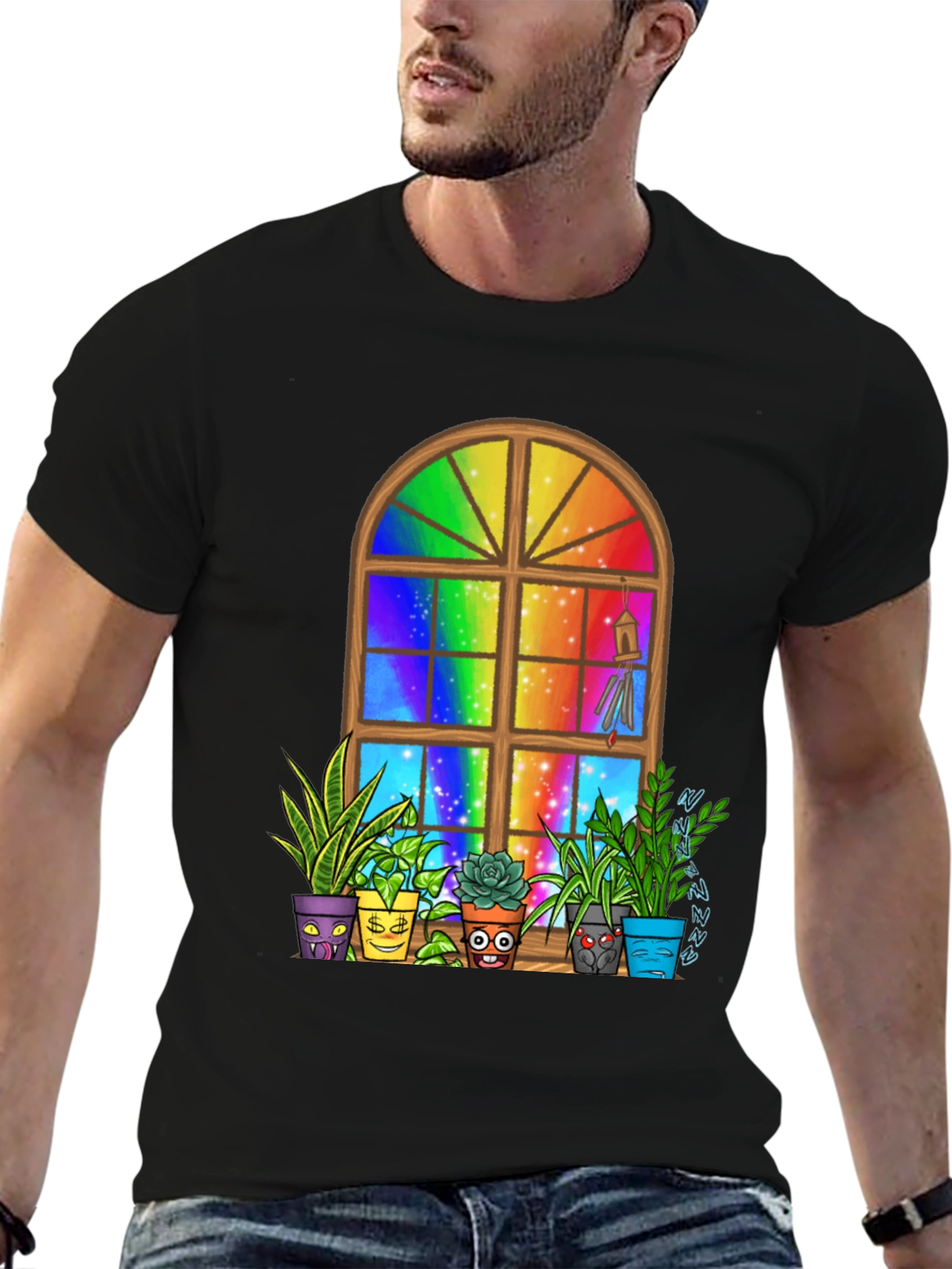 Black Rainbow Window Potted Plants Graphic Tee view 6