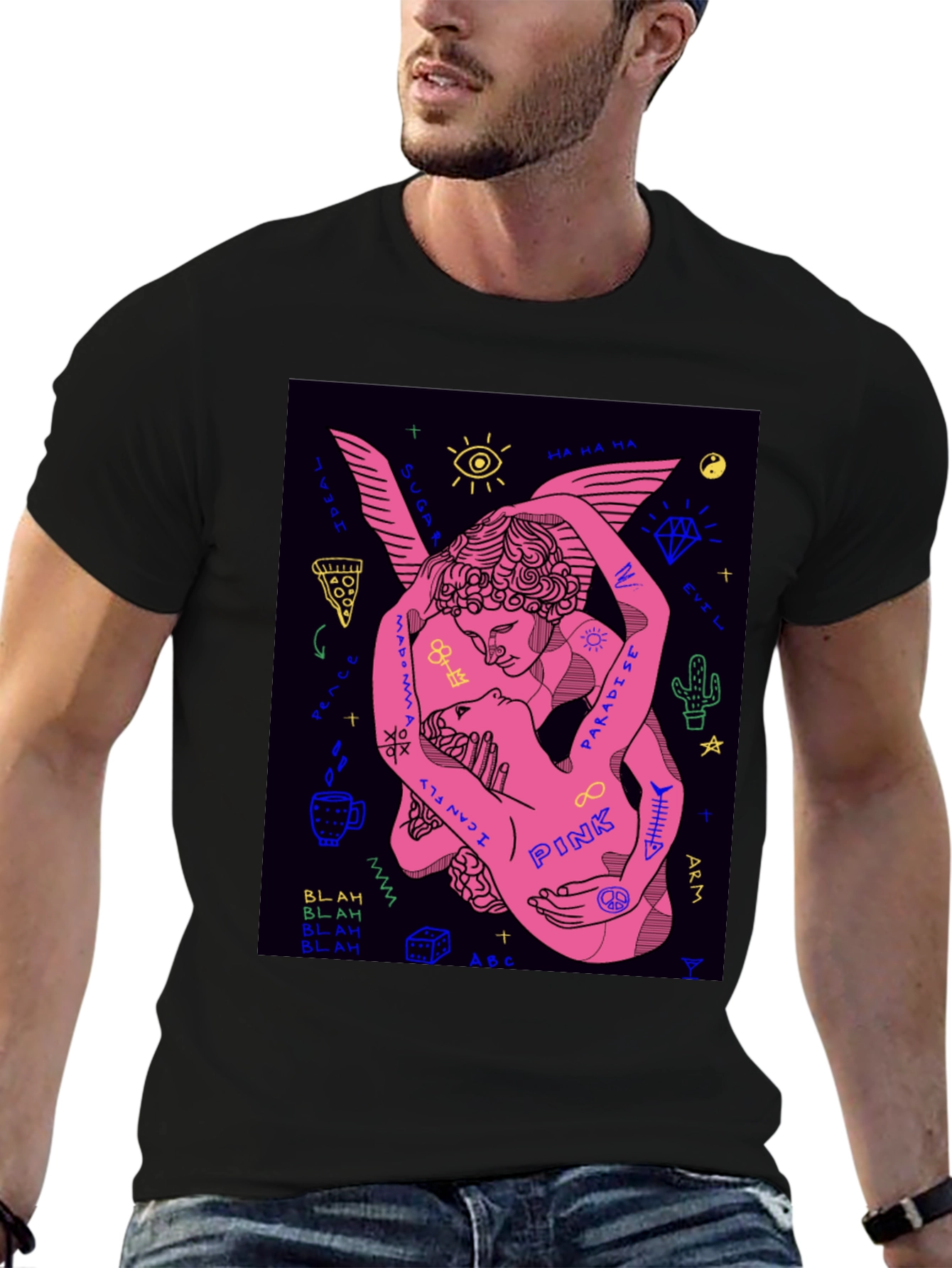 Black Black Tee with Pink Angel Graphic view 6