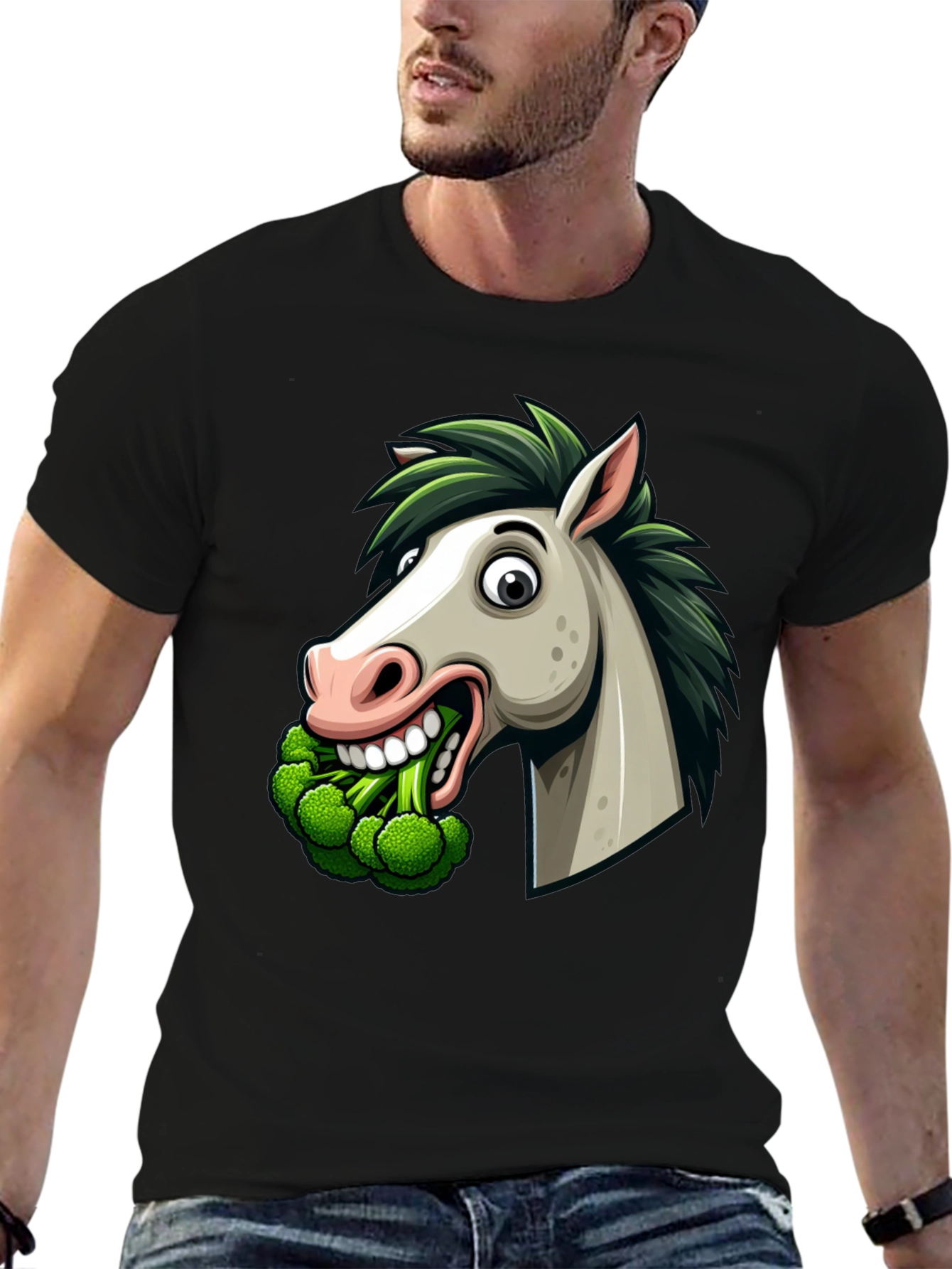 Black Funny Horse Broccoli Graphic Tee view 6