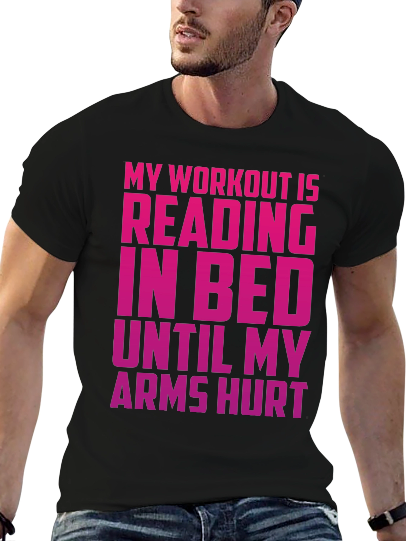 Black Funny Workout T-Shirt - Reading in Bed Tee view 6