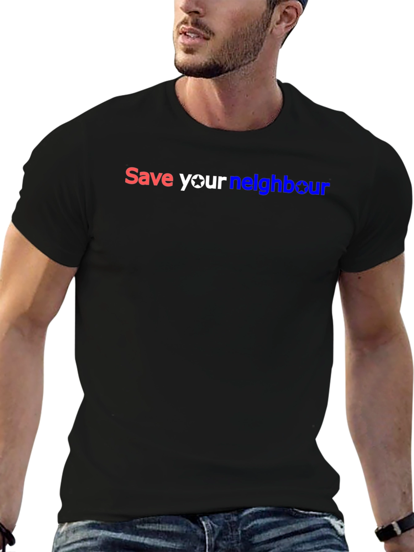 Black Save Your Neighbour Black Graphic T-Shirt view 6