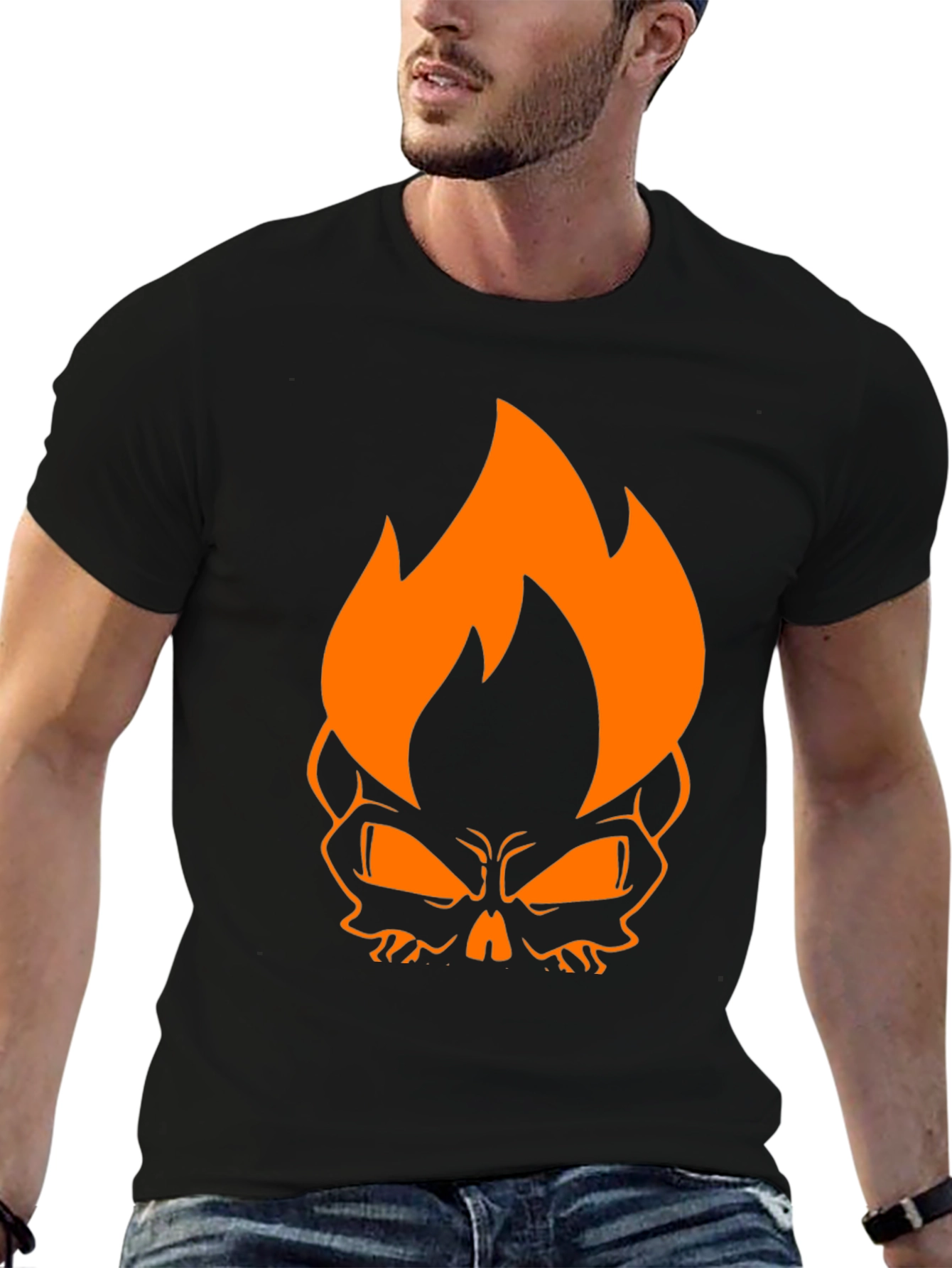 Black Flaming Skull Graphic Tee - Black Cotton T-Shirt view 6