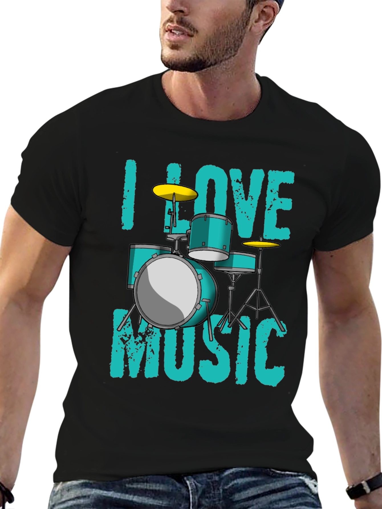 Black I Love Music Drum Set Graphic T-Shirt view 6