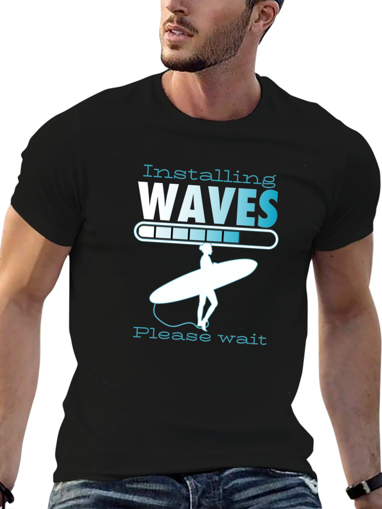 Black Installing Waves Graphic T-Shirt - Surfer Design view 6