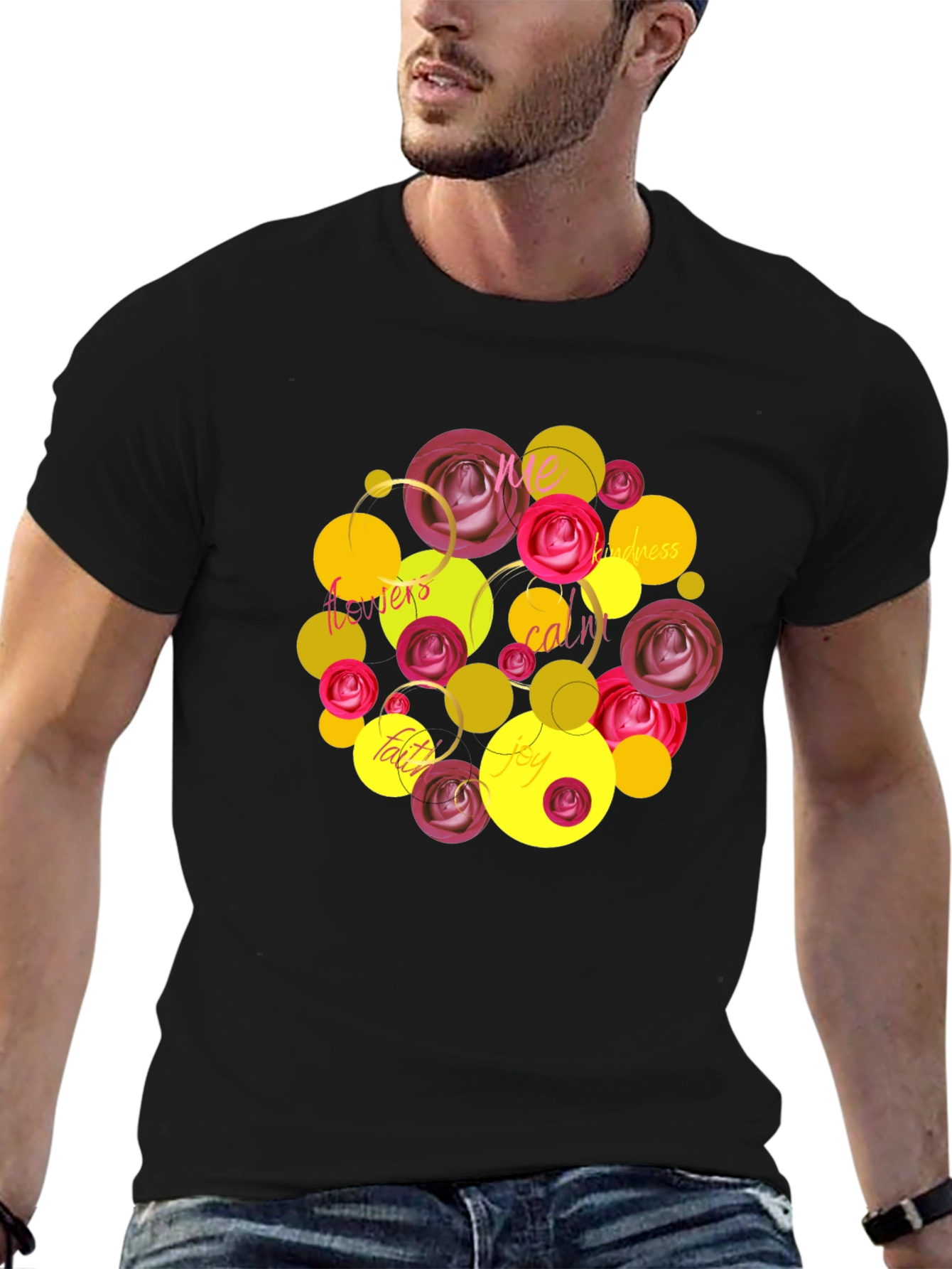 Black Floral Word Art T-Shirt - Positive Vibes view 6