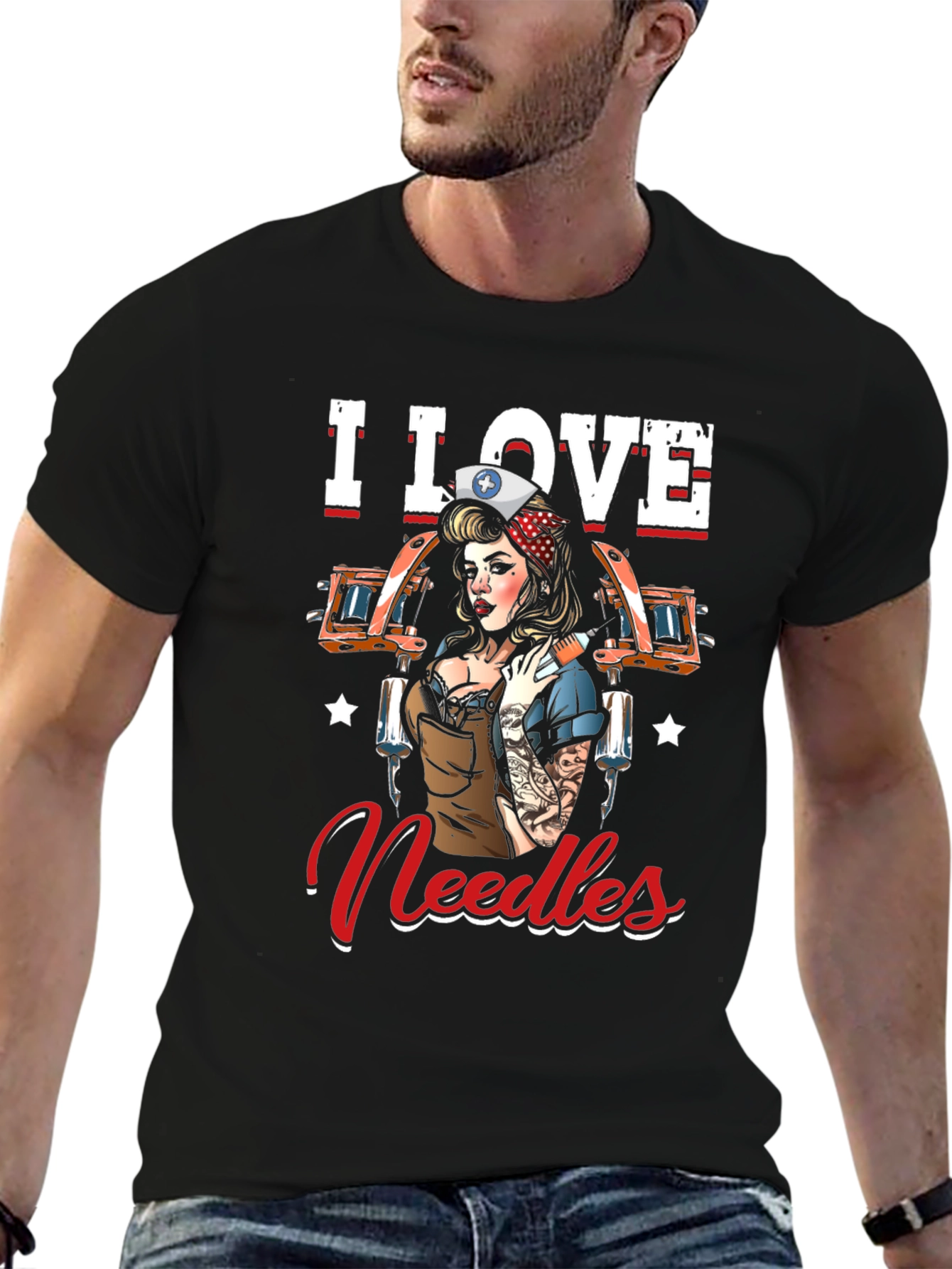 Black I Love Needles Black T-Shirt Tattoo Artist Nurse view 6