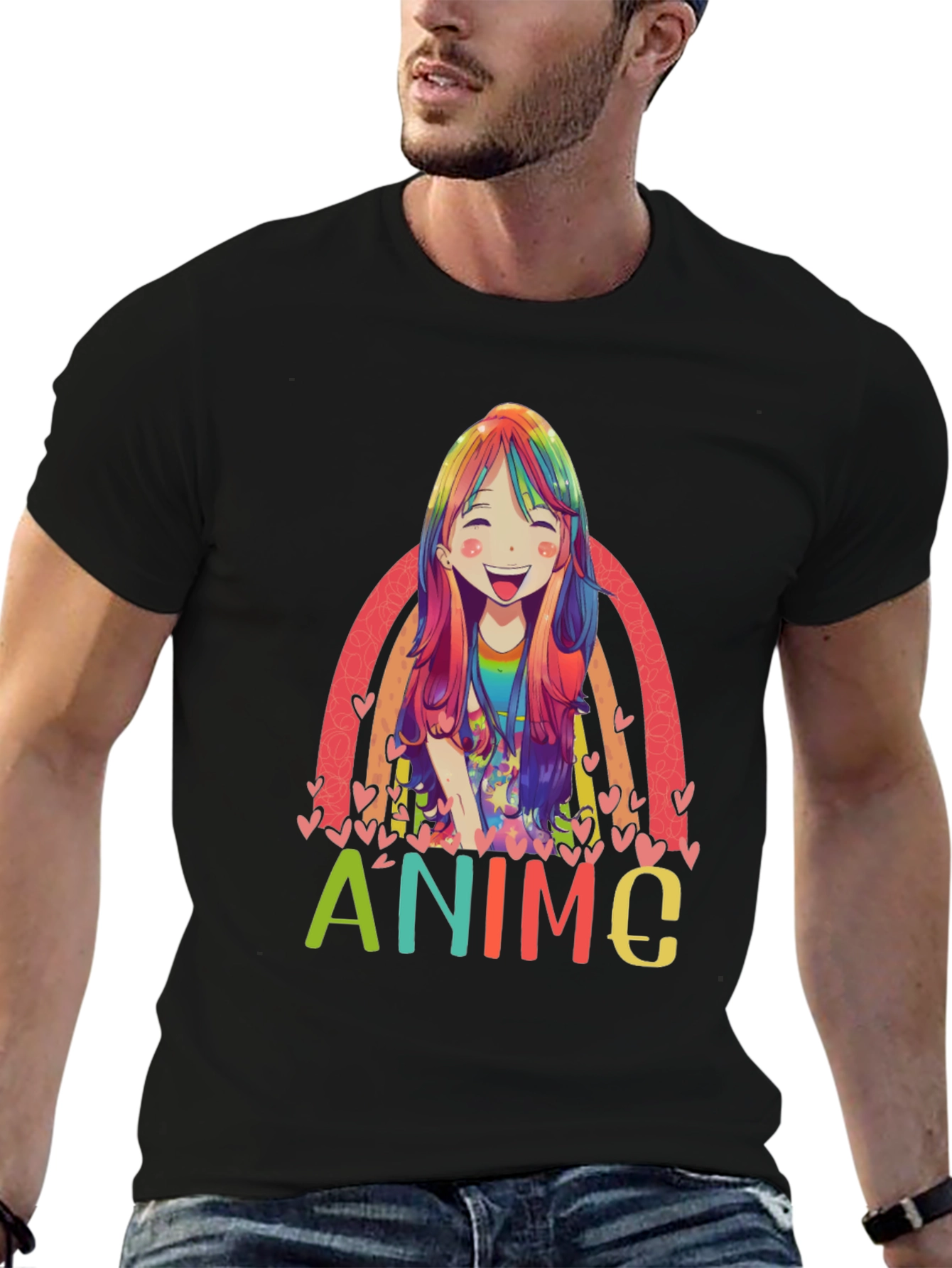 Black Anime Rainbow Graphic Tee - Colorful Manga Style view 6