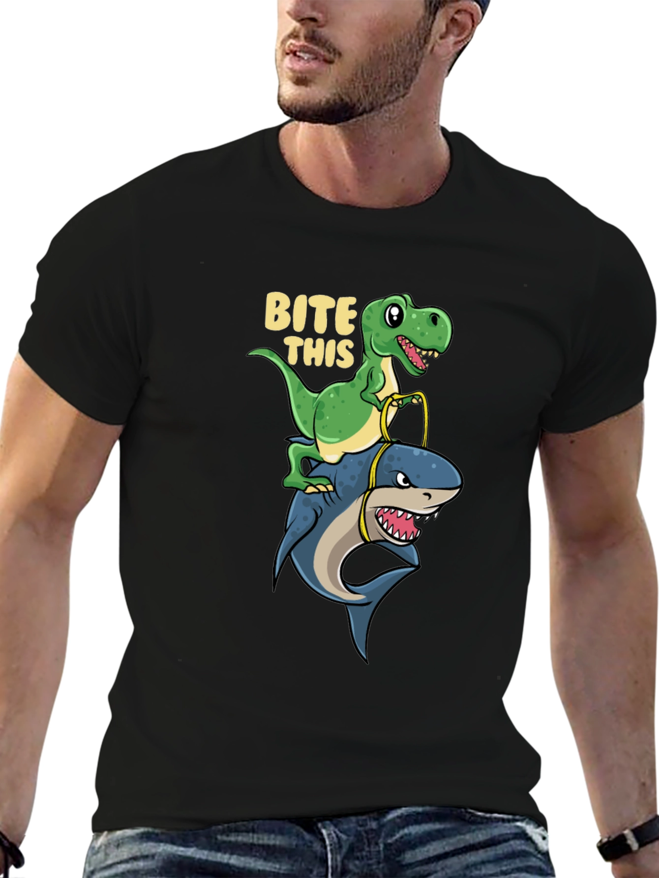 Black Dino Riding Shark T-Shirt - Bite This Funny Graphic Tee view 6