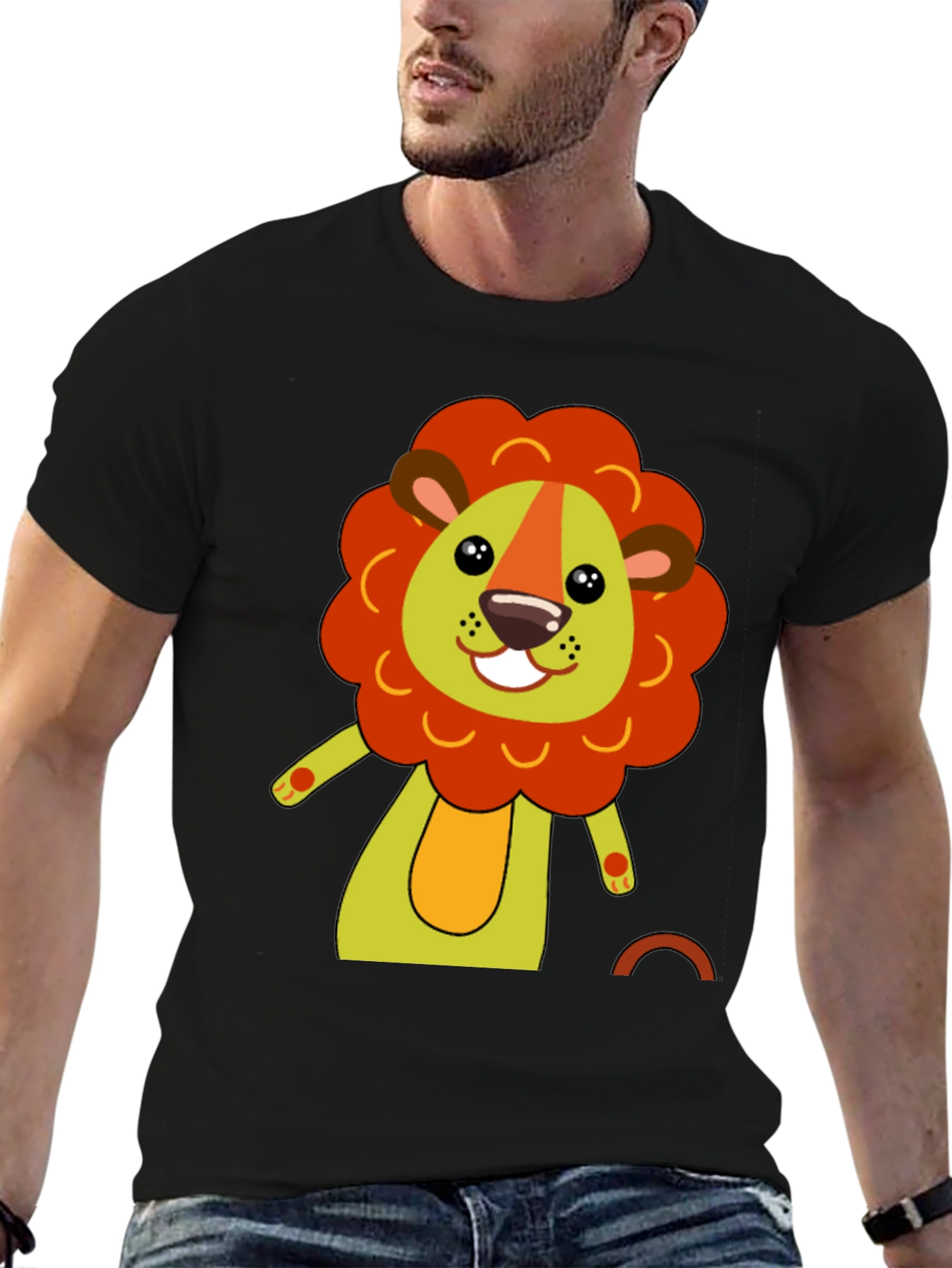 Black Cute Cartoon Lion Black T-Shirt view 6