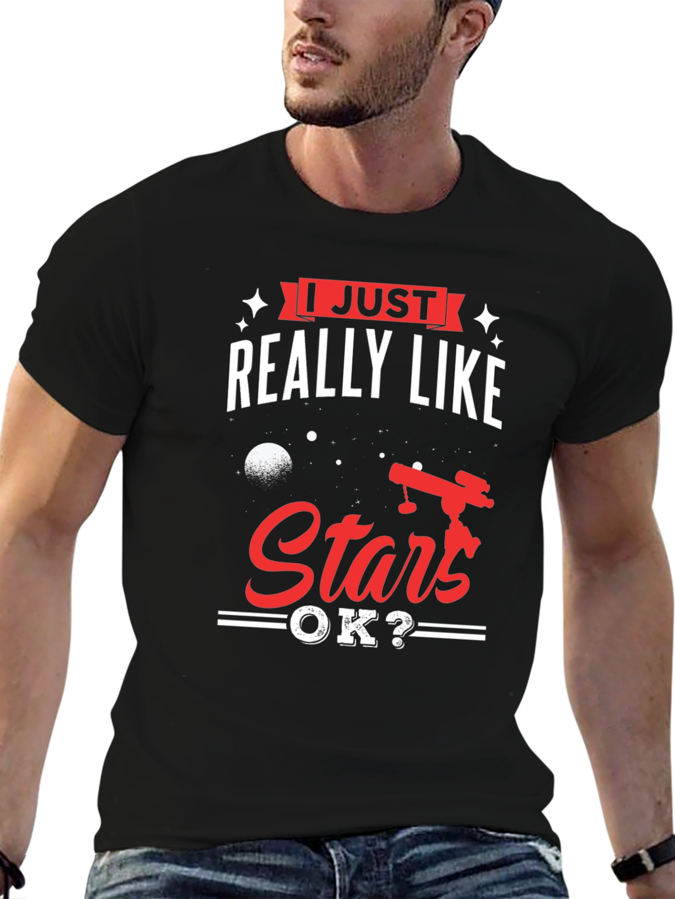 Black I Just Really Like Stars OK? Graphic T-Shirt view 6