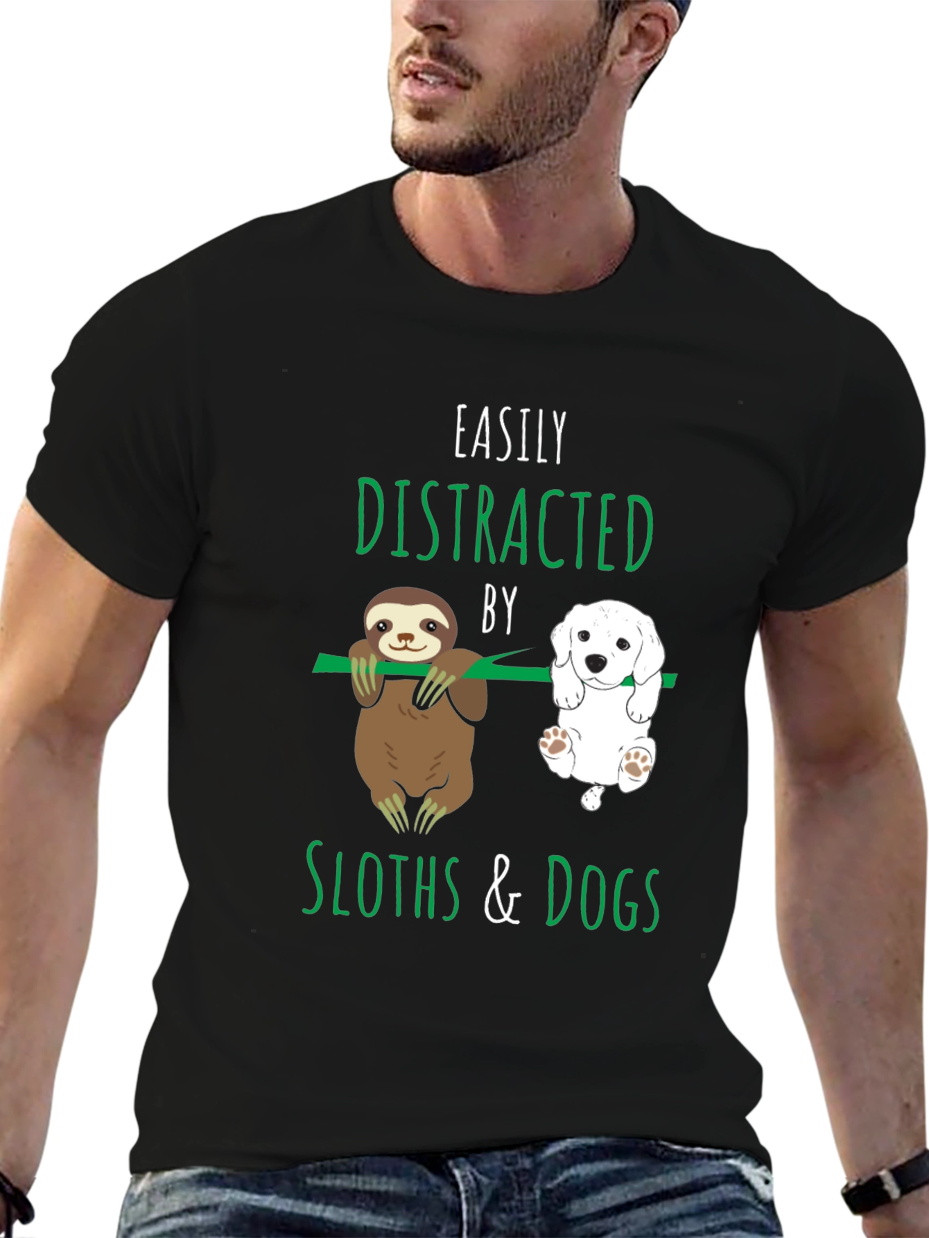 Black Easily Distracted By Sloths & Dogs T-Shirt view 6