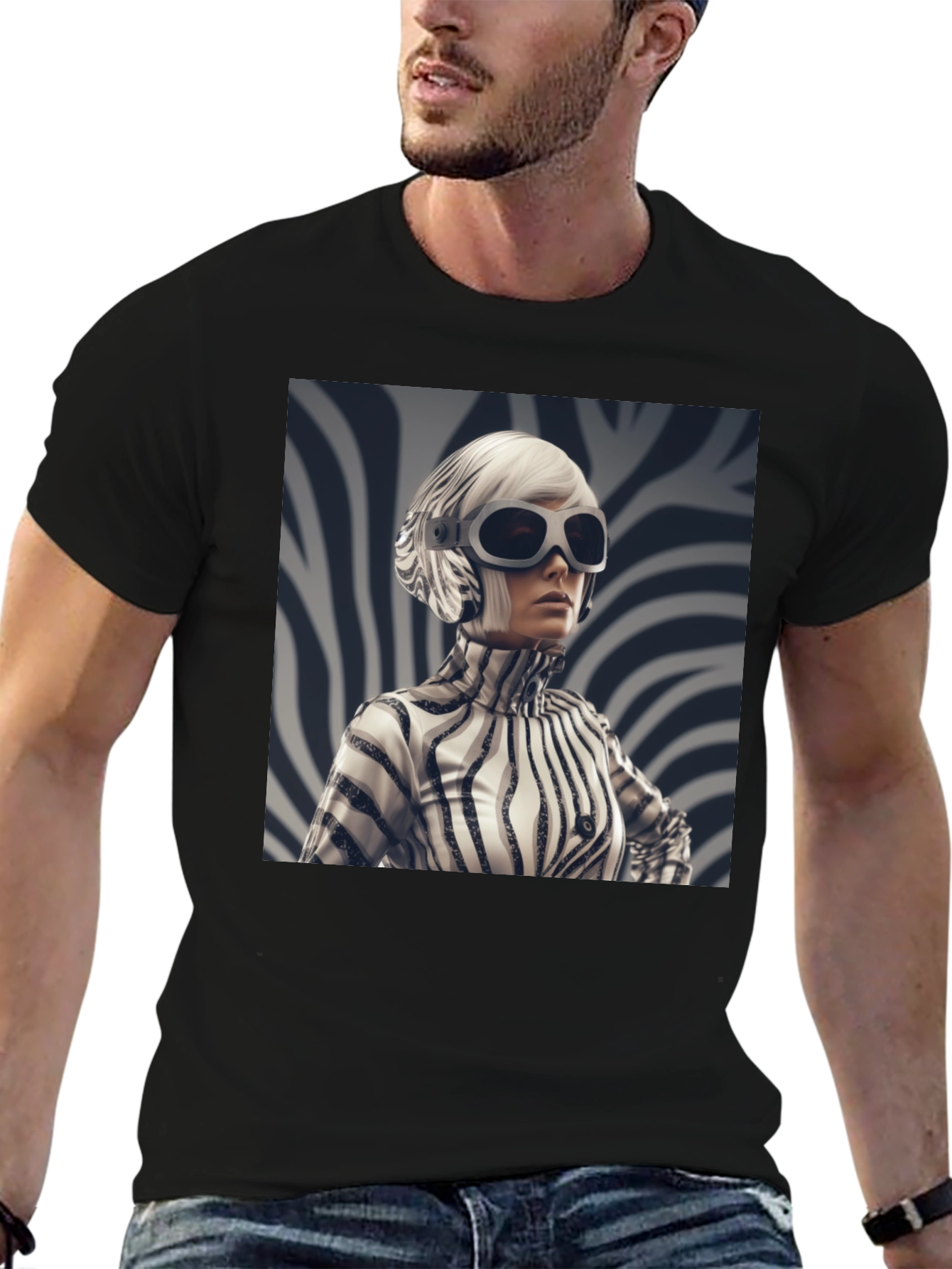 Black Stylish Black Tee with Zebra Print Design view 6
