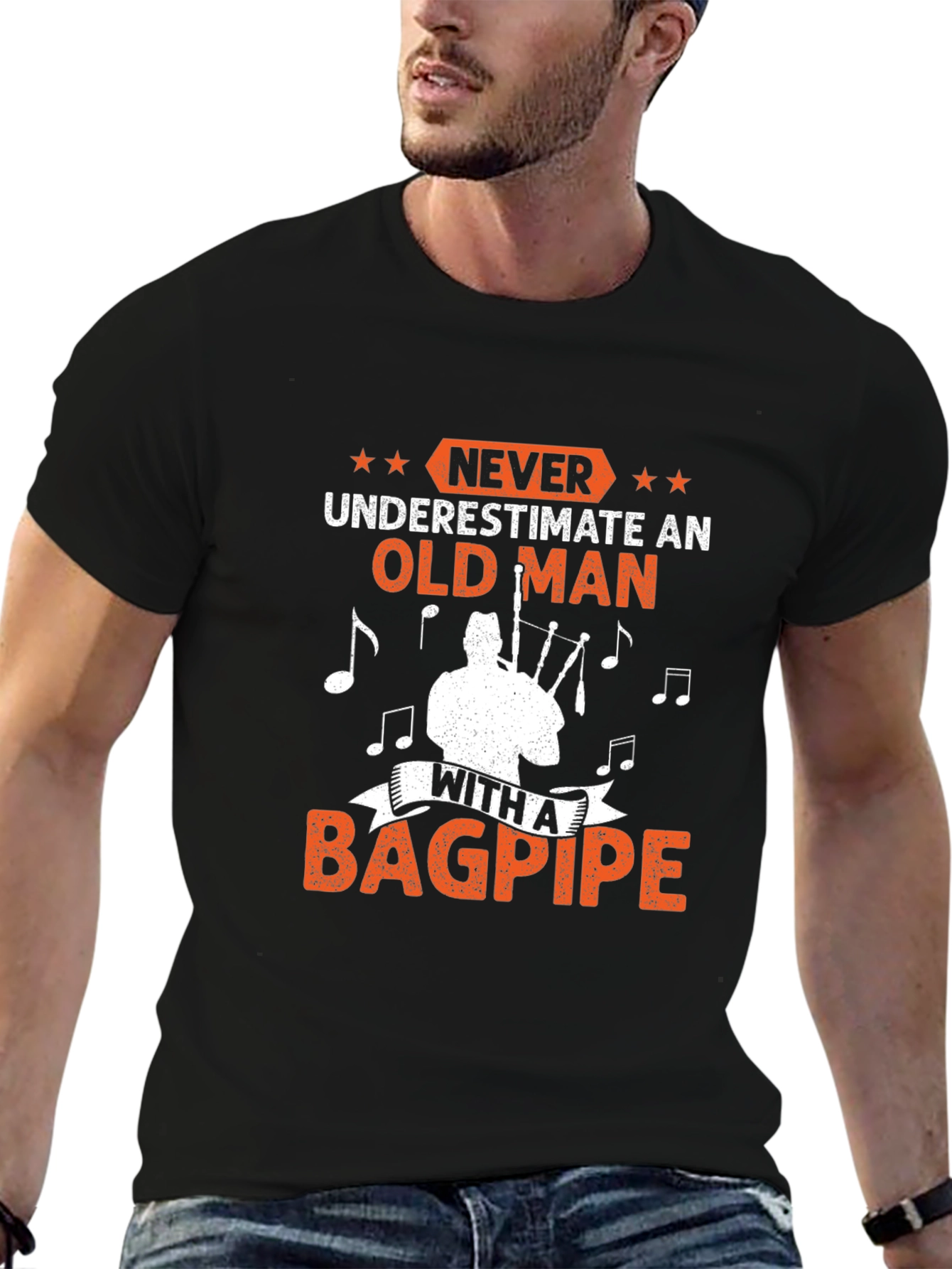 Black Never Underestimate Old Man Bagpipe T-Shirt view 6