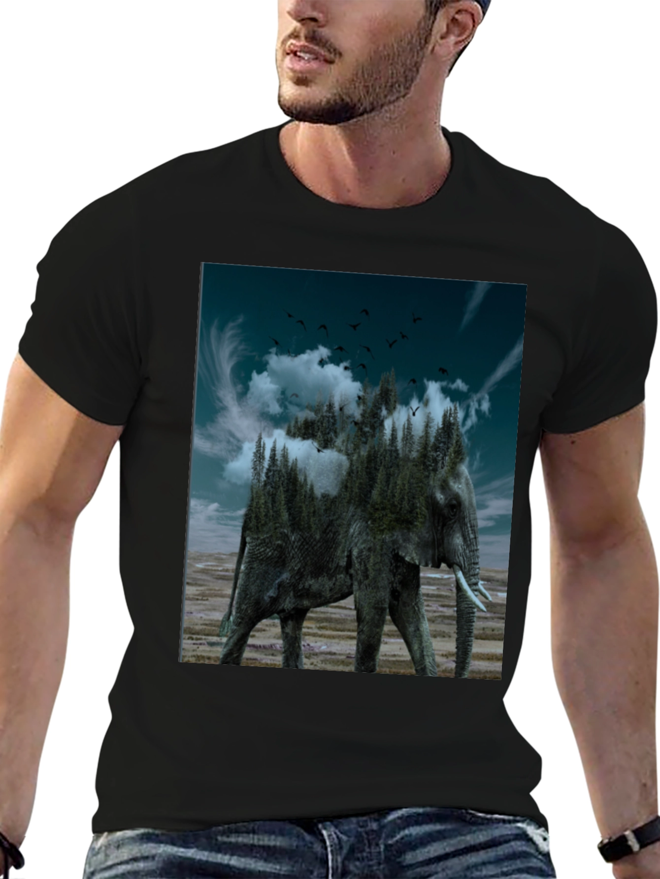 Black Surreal Elephant Forest Graphic Tee - Black view 6
