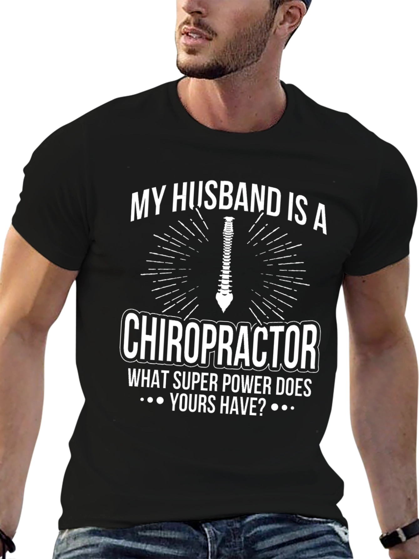 Black Chiropractor Husband Superpower T-Shirt - Funny Graphic Tee view 6