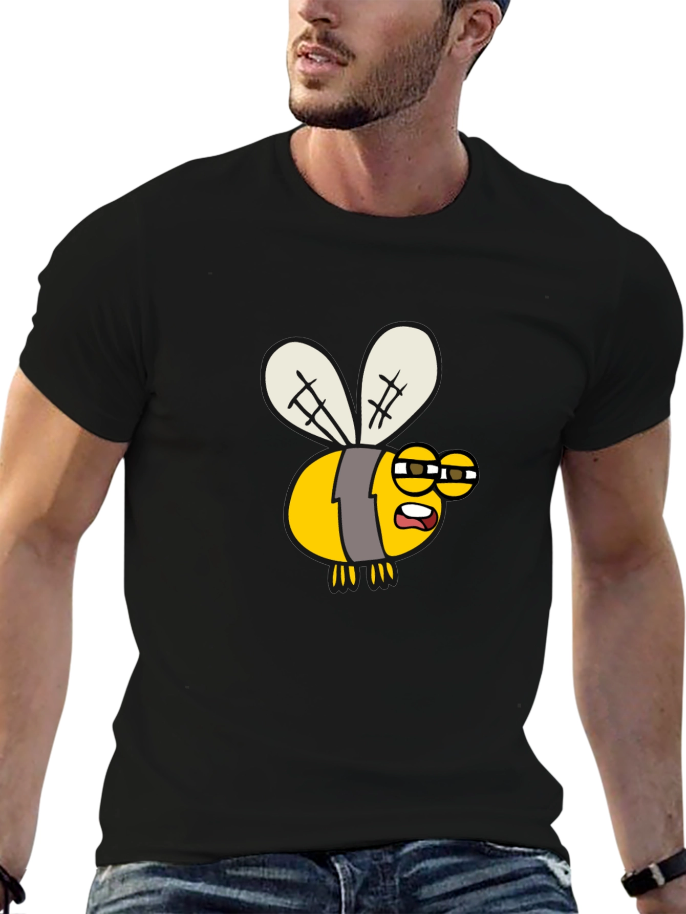 Black Funny Bee Cartoon Graphic T-Shirt - Soft Cotton Blend view 6