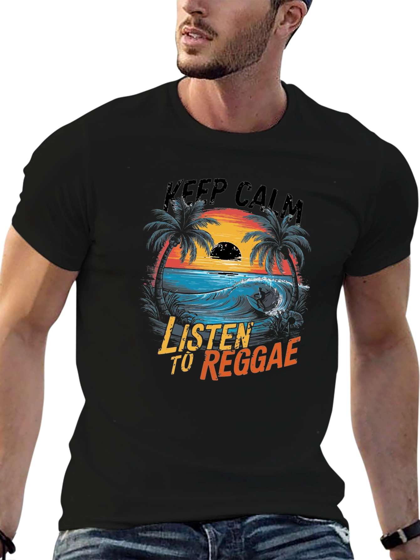 Black Keep Calm Listen to Reggae Graphic T-Shirt view 6